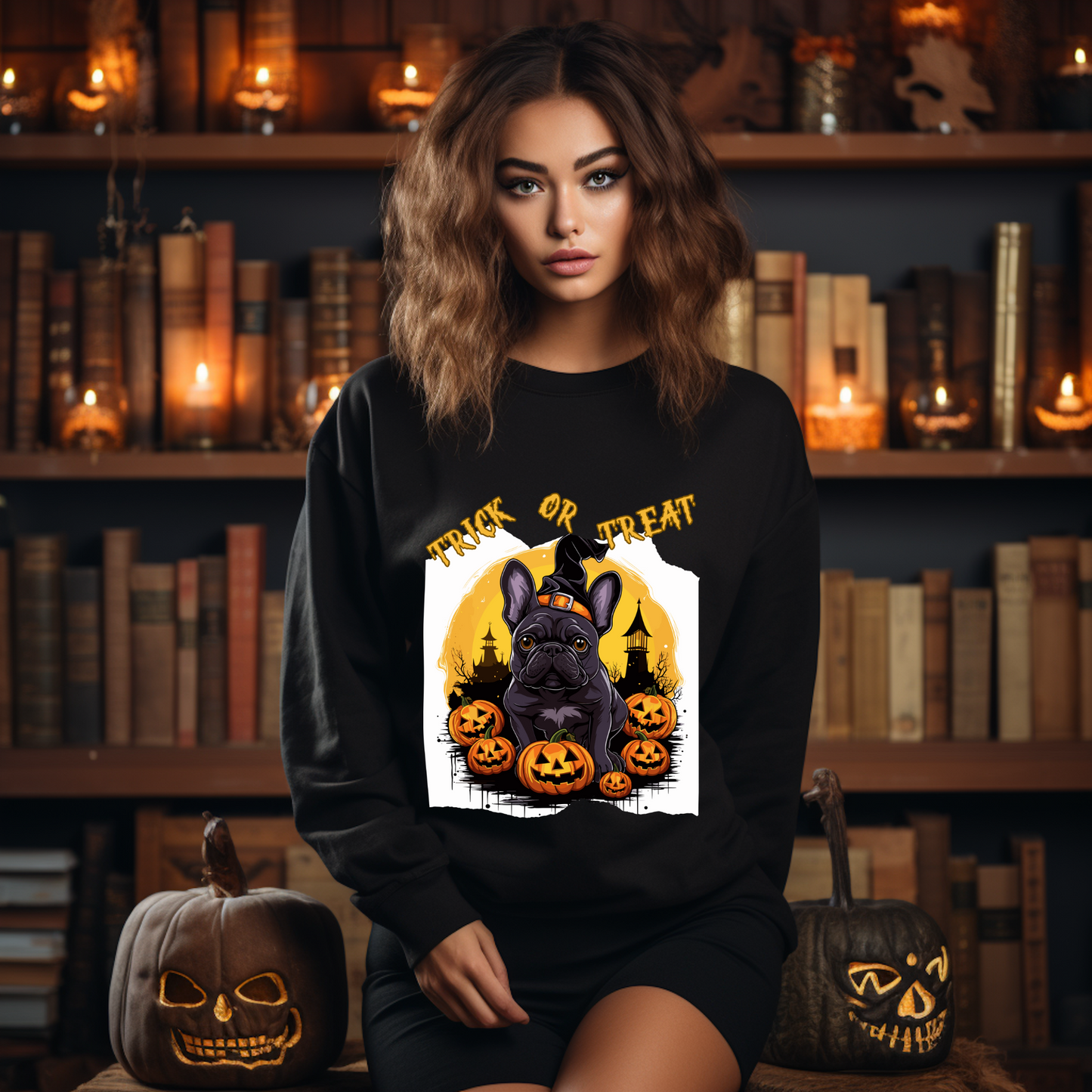 Explore our bewitching collection of Halloween sweatshirts, showcasing the mysterious allure of a French bull dog on the front.