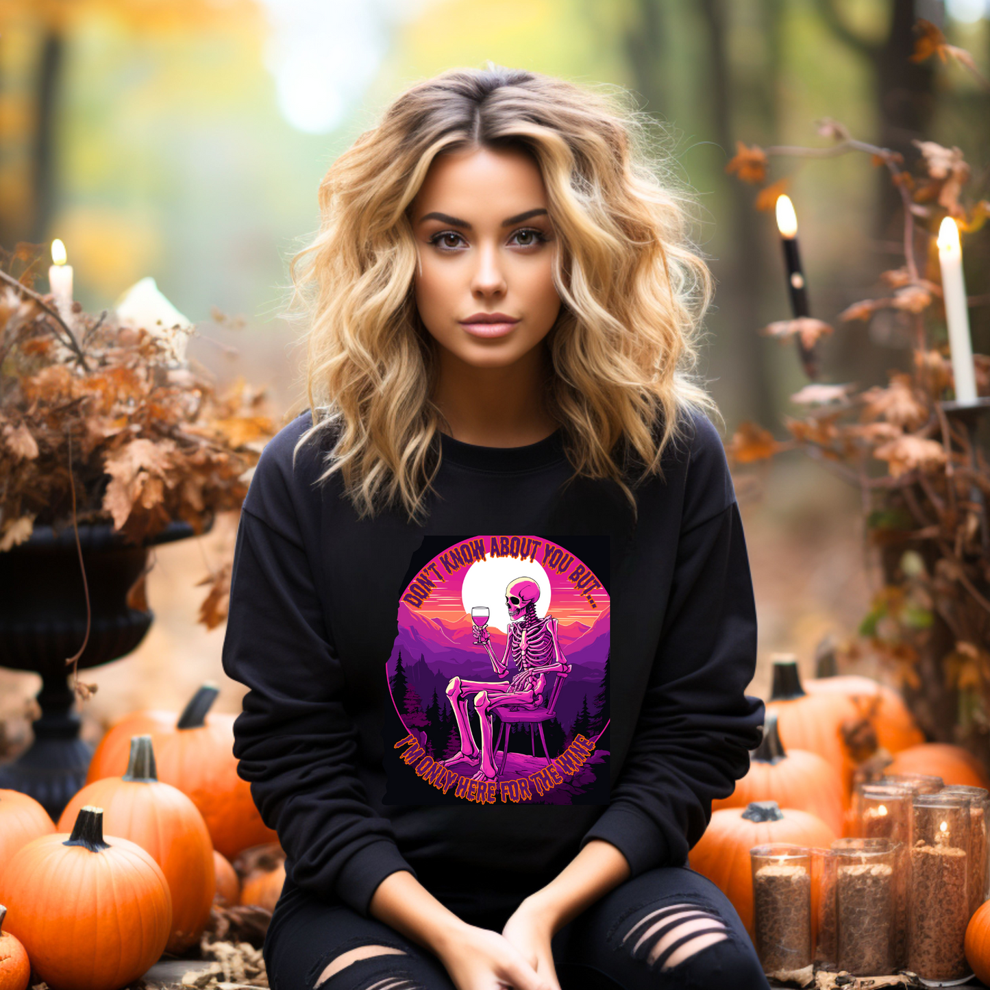 Explore our bewitching collection of Halloween sweatshirts, showcasing the mysterious allure of a drinking skeleton on the front.