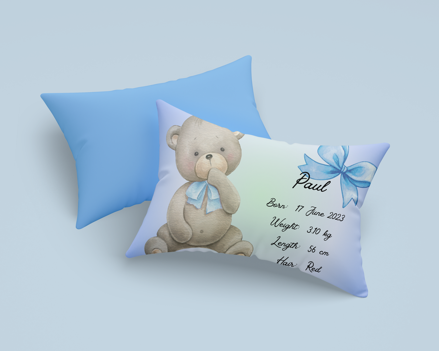 Personalised plush faux suede Blue Teddy Bear Throw Cushion, a cherished keepsake for life's precious moments!