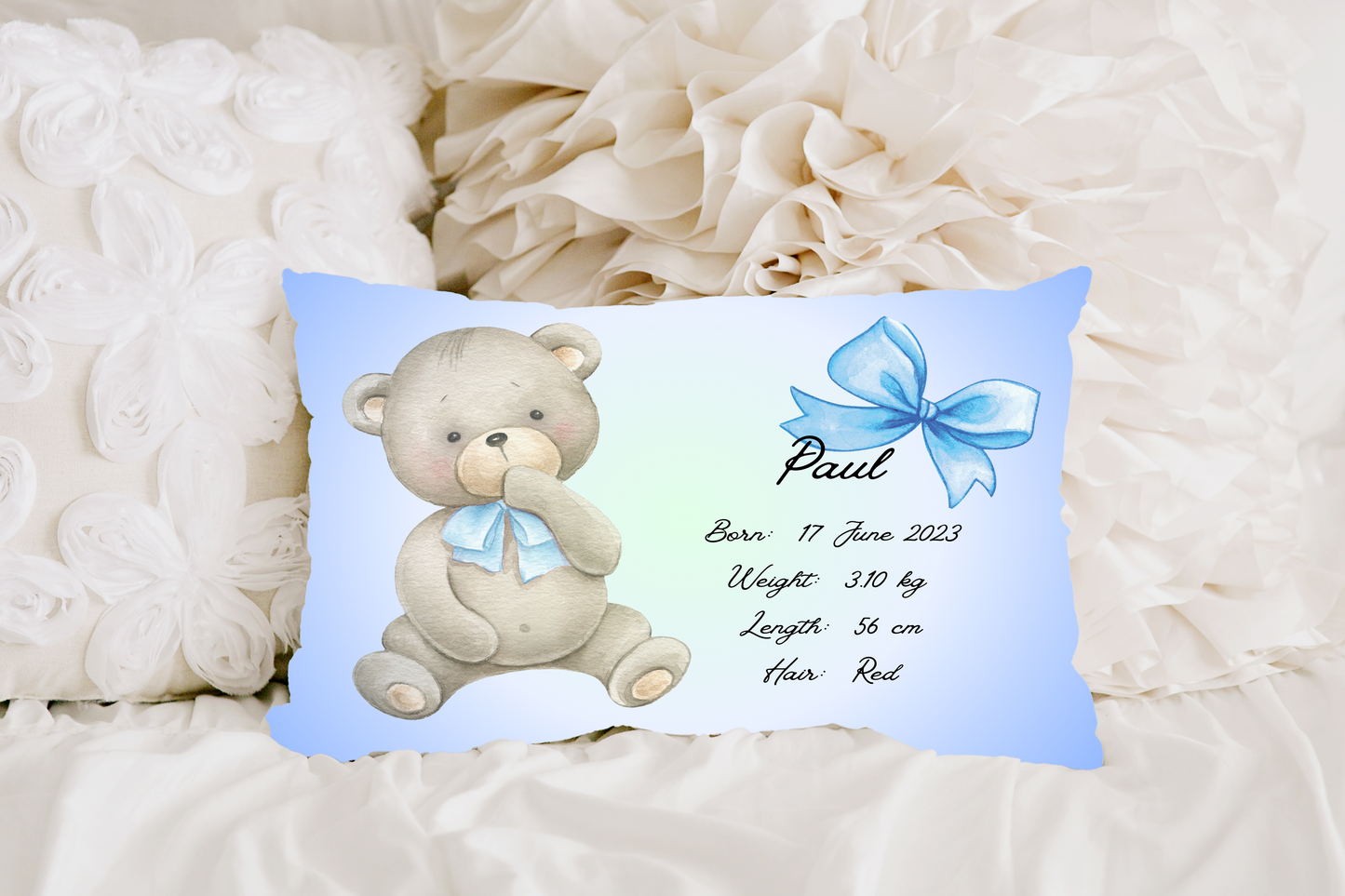 Personalised plush faux suede Blue Teddy Bear Throw Cushion, a cherished keepsake for life's precious moments!