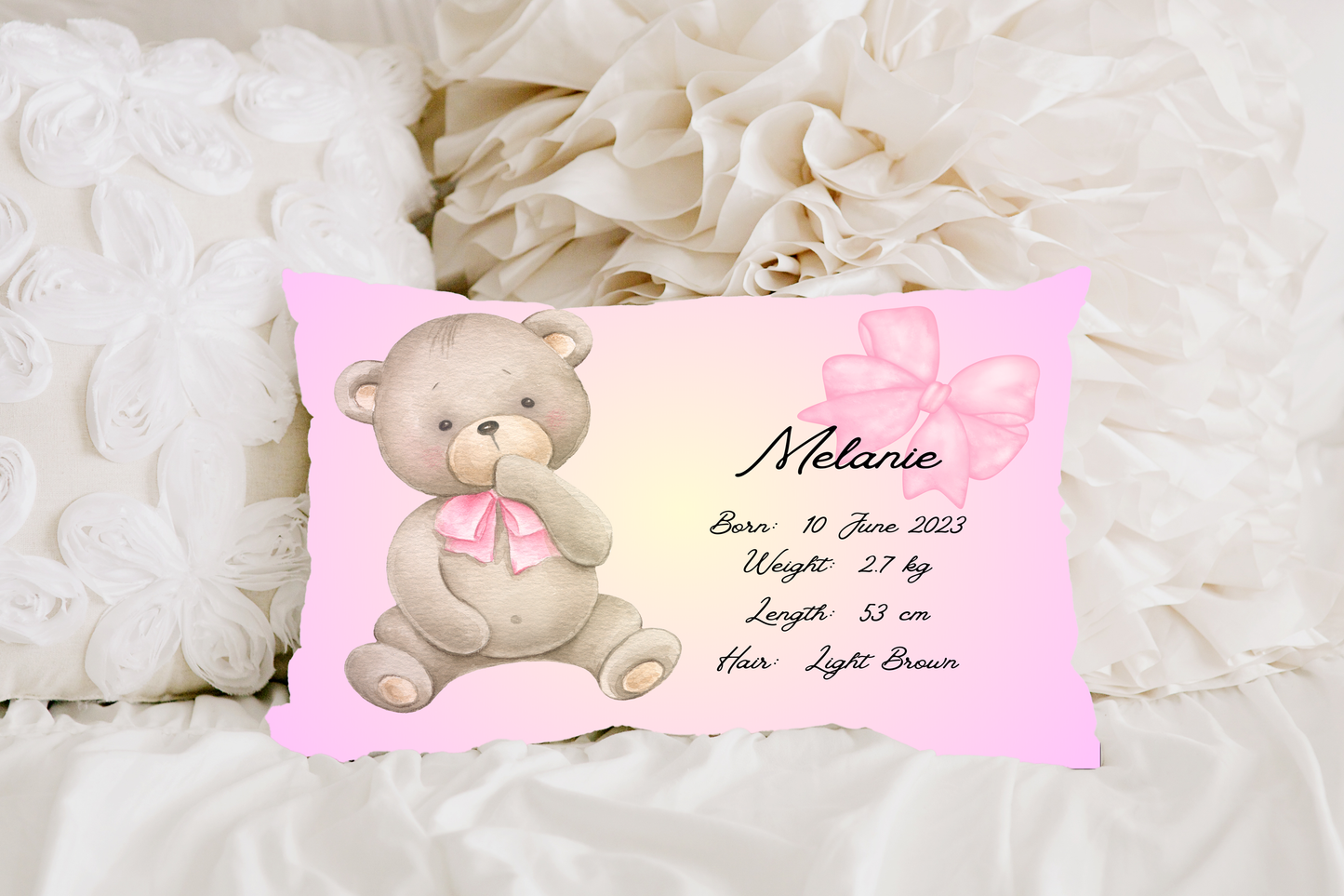 Personalized plush faux suede Pink Teddy Bear Throw Cushion, a cherished keepsake for life's precious moments!