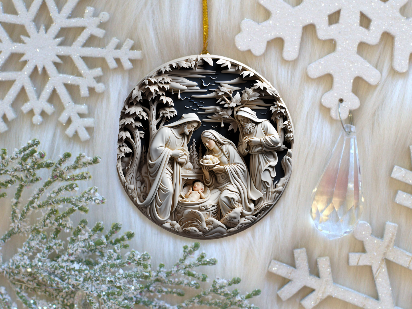 Radiant 3D Porcelain Christmas Ornament:  Elegance in Every Detail for Your Holiday Joy!