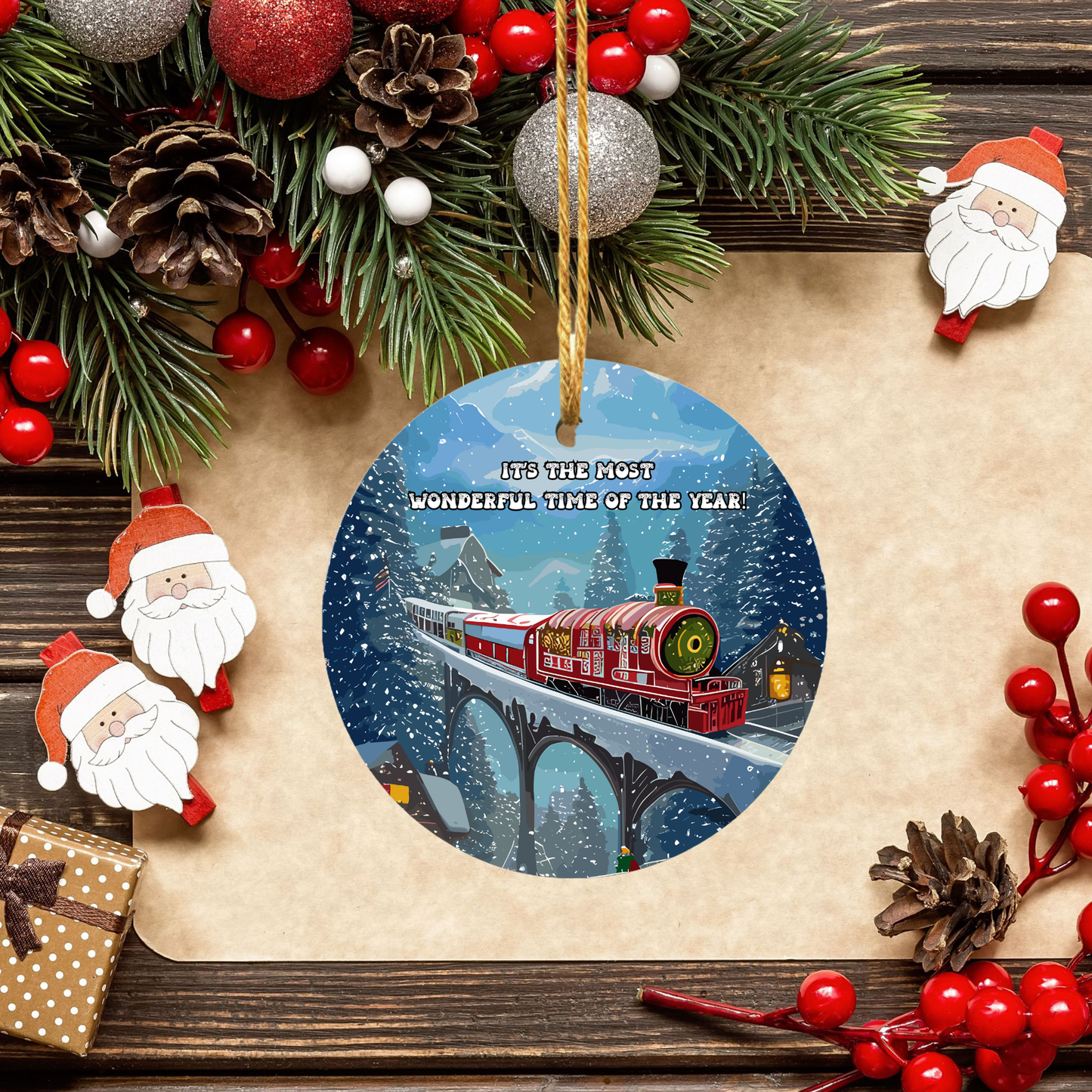 Radiant 3D Porcelain Christmas Train Ornament:  Elegance in Every Detail for Your Holiday Joy!
