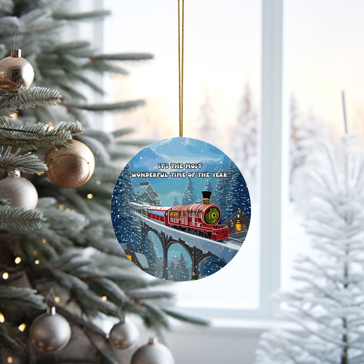 Radiant 3D Porcelain Christmas Train Ornament:  Elegance in Every Detail for Your Holiday Joy!