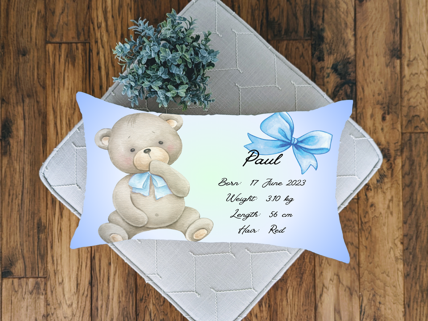 Personalised plush faux suede Blue Teddy Bear Throw Cushion, a cherished keepsake for life's precious moments!