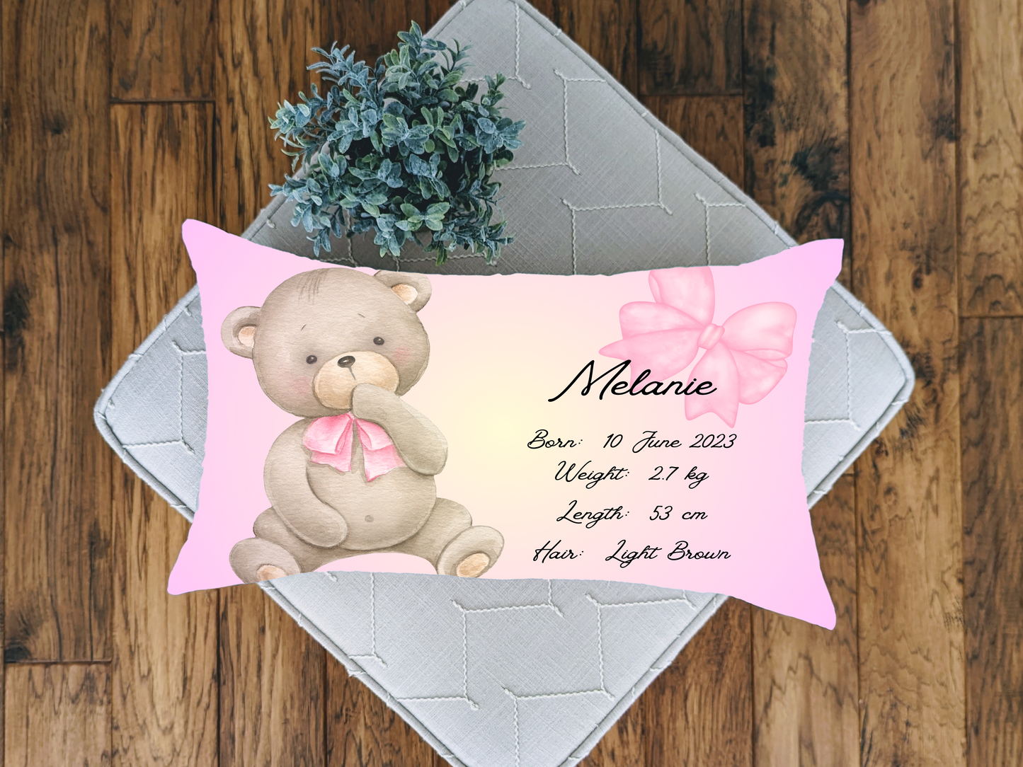 Personalized plush faux suede Pink Teddy Bear Throw Cushion, a cherished keepsake for life's precious moments!