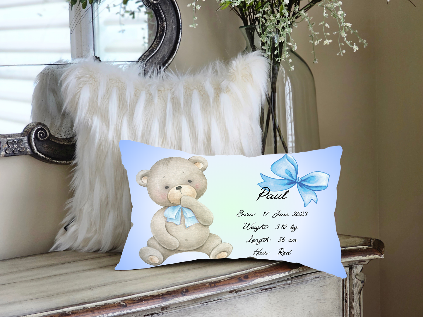 Personalised plush faux suede Blue Teddy Bear Throw Cushion, a cherished keepsake for life's precious moments!