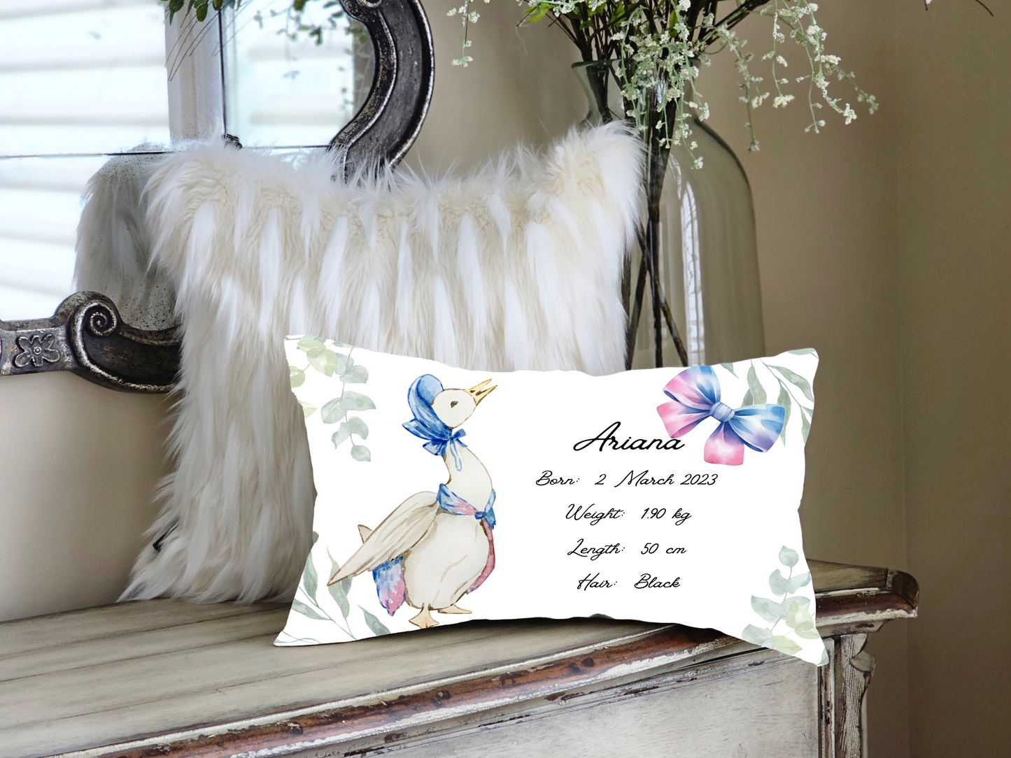 Personalised plush faux suede Mother Goose Throw Cushion, a cherished keepsake for life's precious moments!