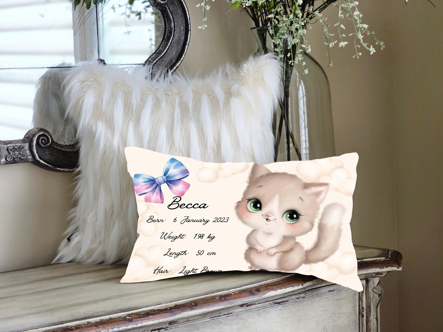 Personalised plush faux suede Kitten Throw Cushion, a cherished keepsake for life's precious moments!