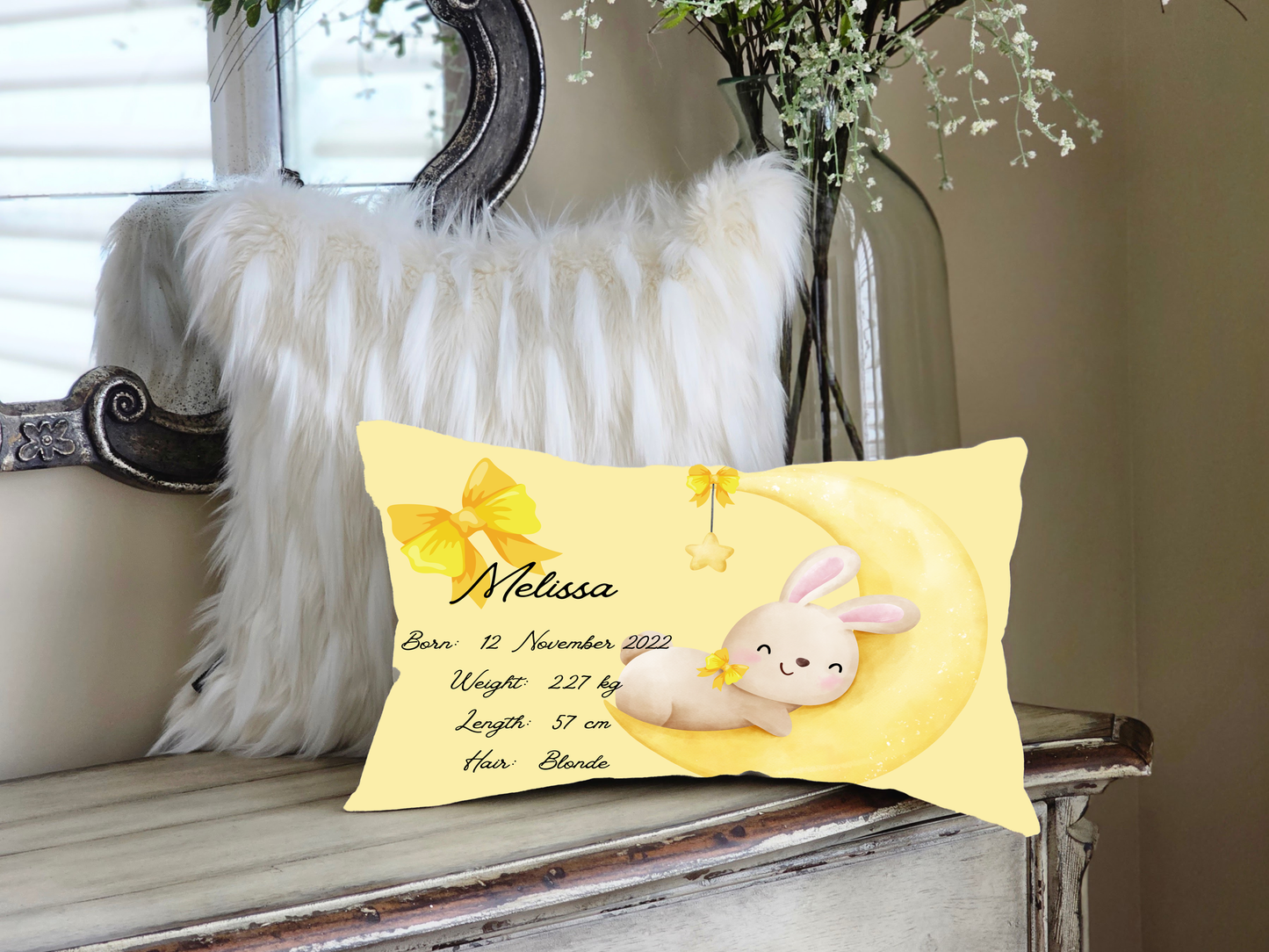 Personalised plush faux suede Lemon Bunny Throw Cushion, a cherished keepsake for life's precious moments!