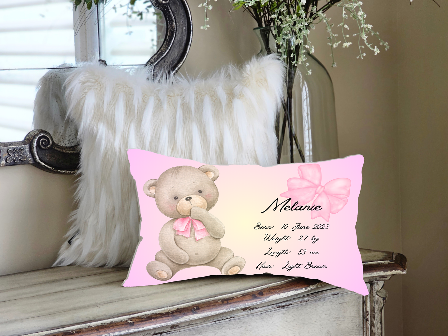 Personalized plush faux suede Pink Teddy Bear Throw Cushion, a cherished keepsake for life's precious moments!