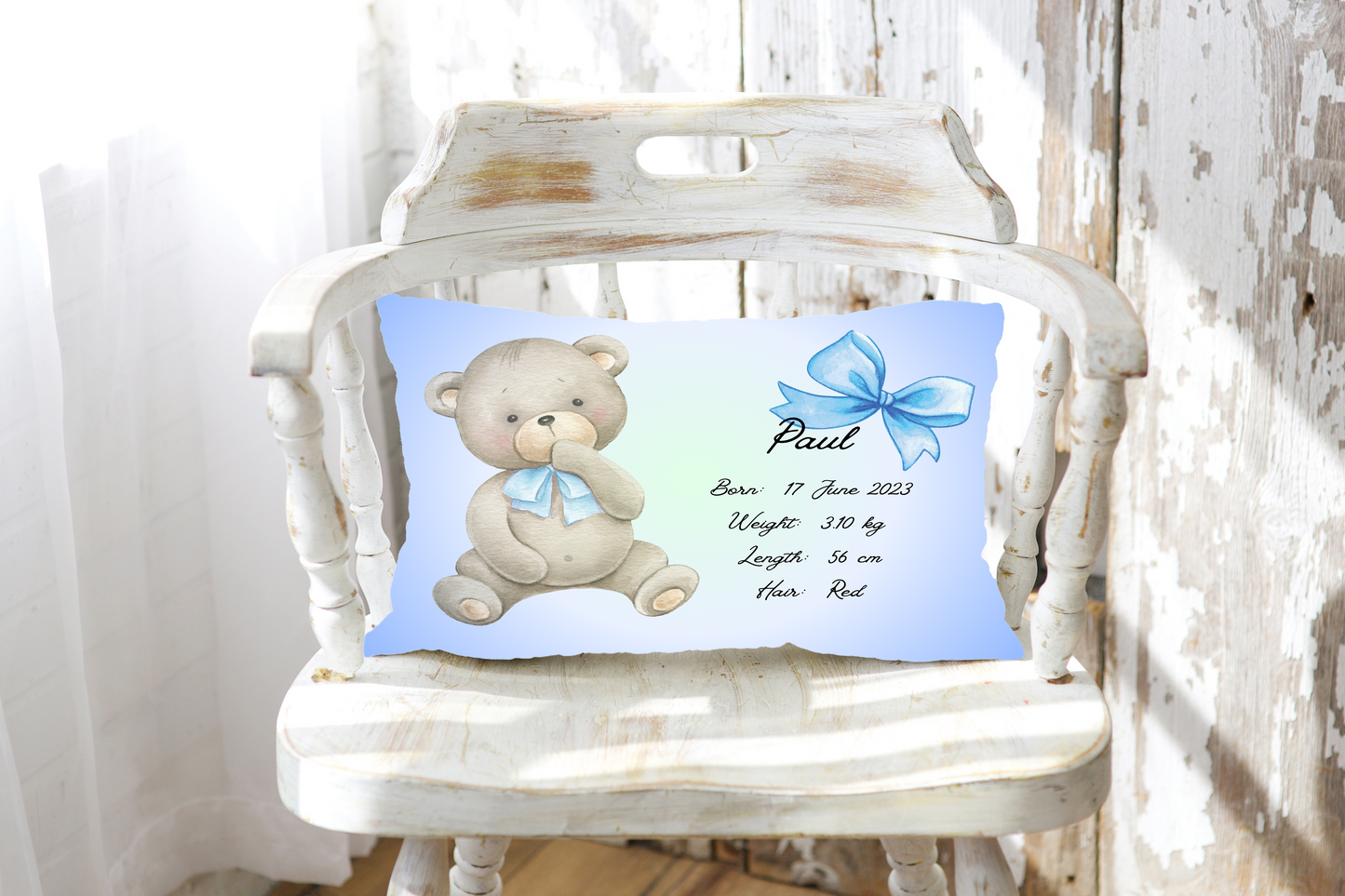 Personalised plush faux suede Blue Teddy Bear Throw Cushion, a cherished keepsake for life's precious moments!