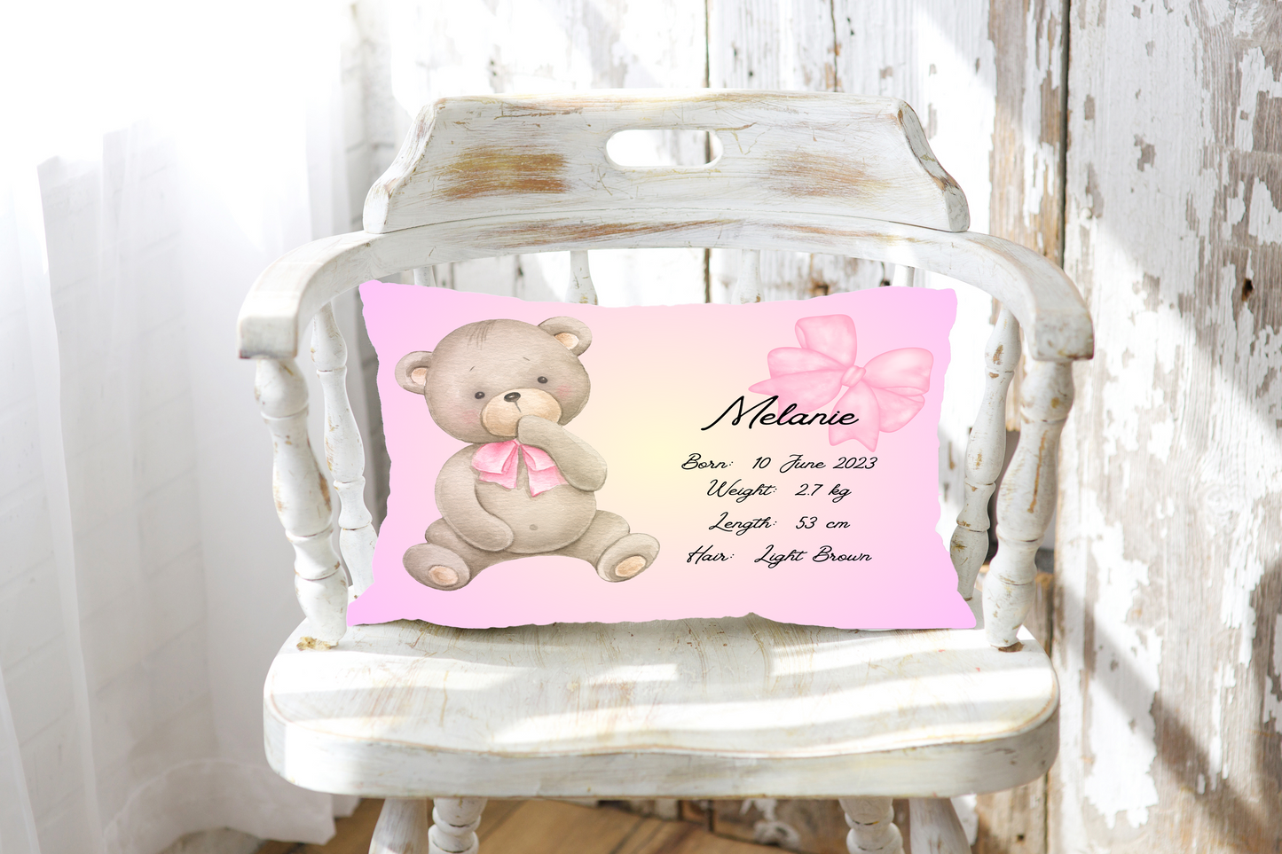 Personalized plush faux suede Pink Teddy Bear Throw Cushion, a cherished keepsake for life's precious moments!