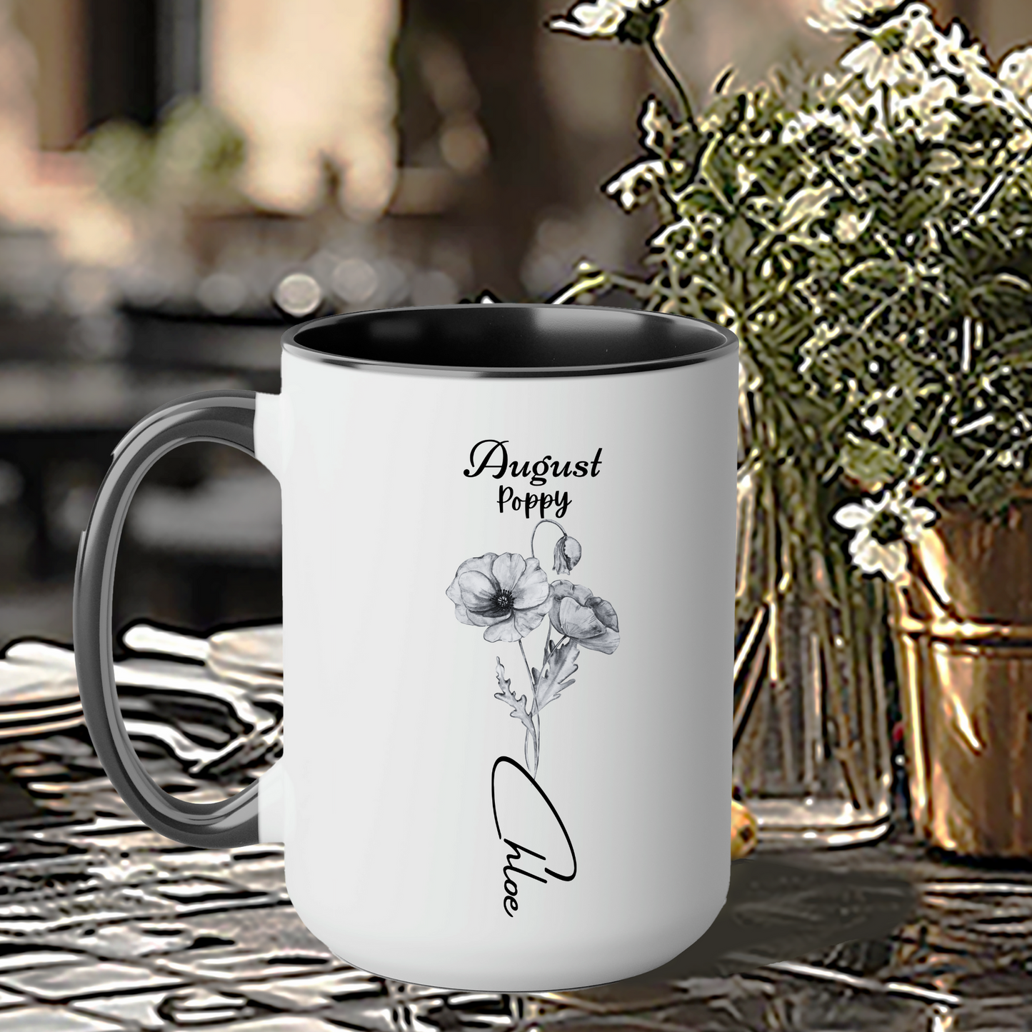 Personalized Elegance: Birth Flower Two-Tone Mug – Sip in Style with Your Unique Blend of Color, Name and Birth Month!