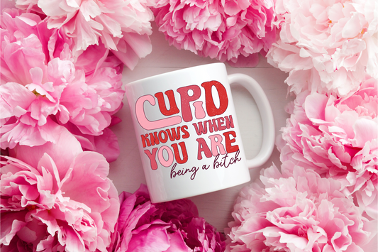 Cupid's Wit: Groovy Valentine's Mug – 11oz & 15oz sizes, dishwasher & microwave-safe. Start your day with humor in every sip!