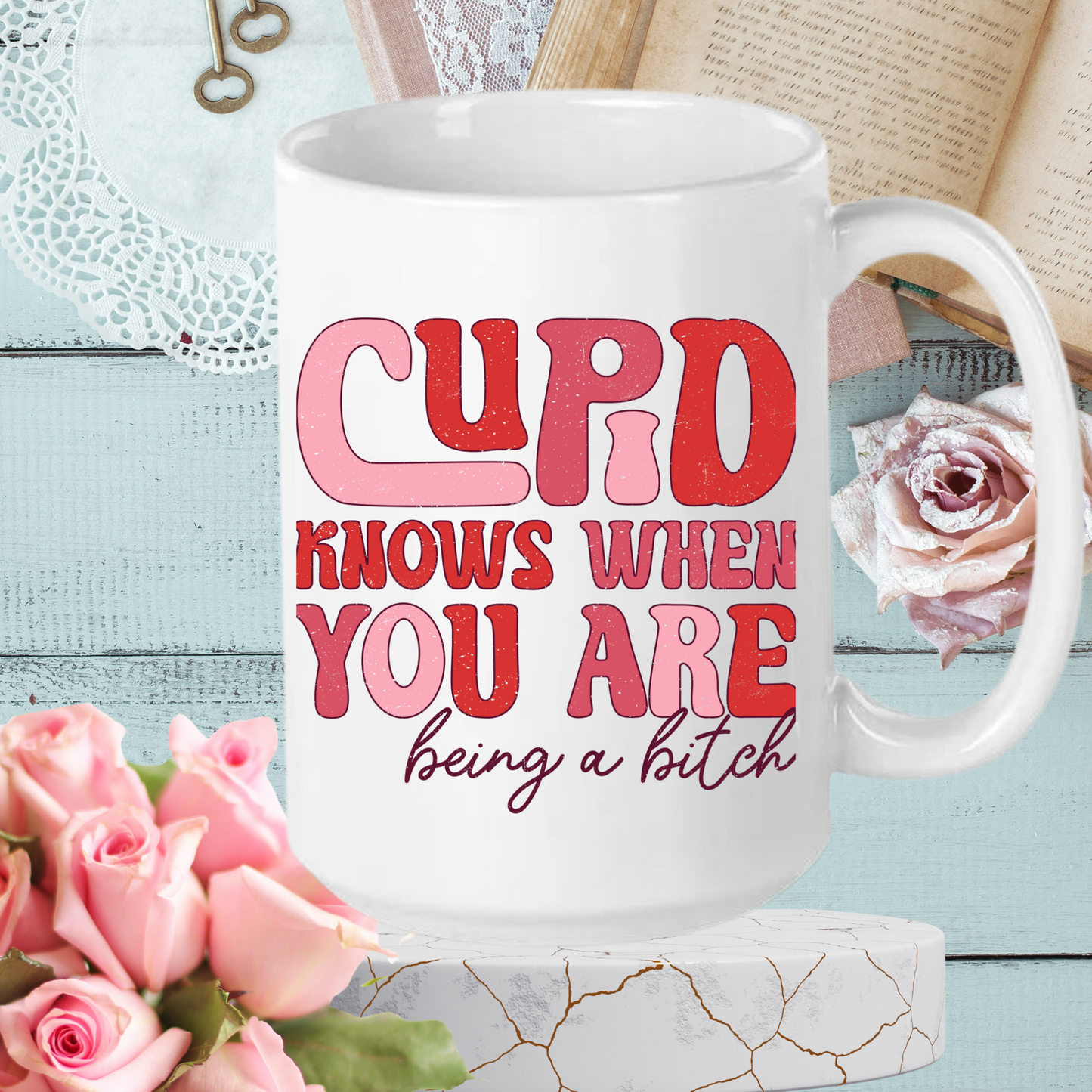 Cupid's Wit: Groovy Valentine's Mug – 11oz & 15oz sizes, dishwasher & microwave-safe. Start your day with humor in every sip!