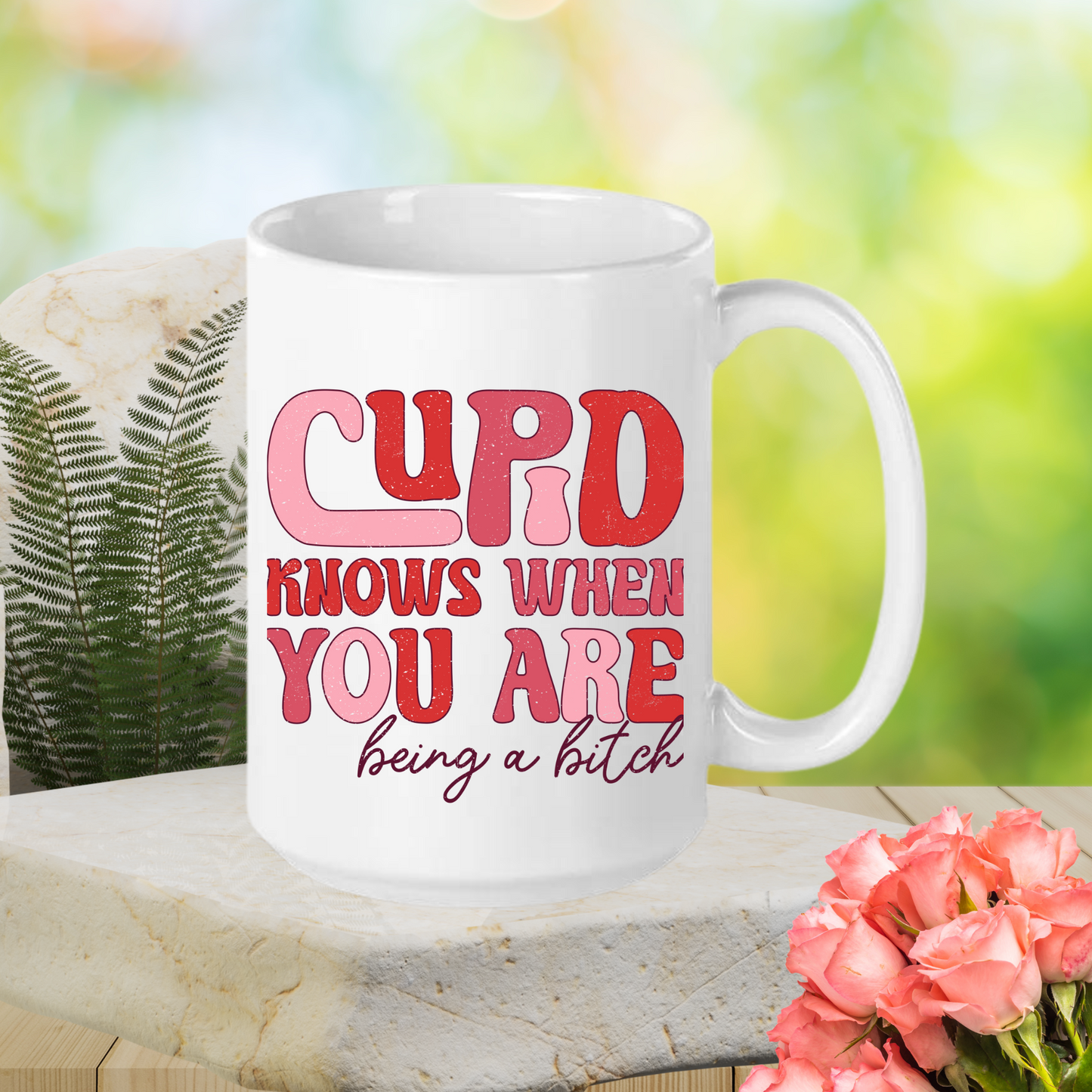 Cupid's Wit: Groovy Valentine's Mug – 11oz & 15oz sizes, dishwasher & microwave-safe. Start your day with humor in every sip!