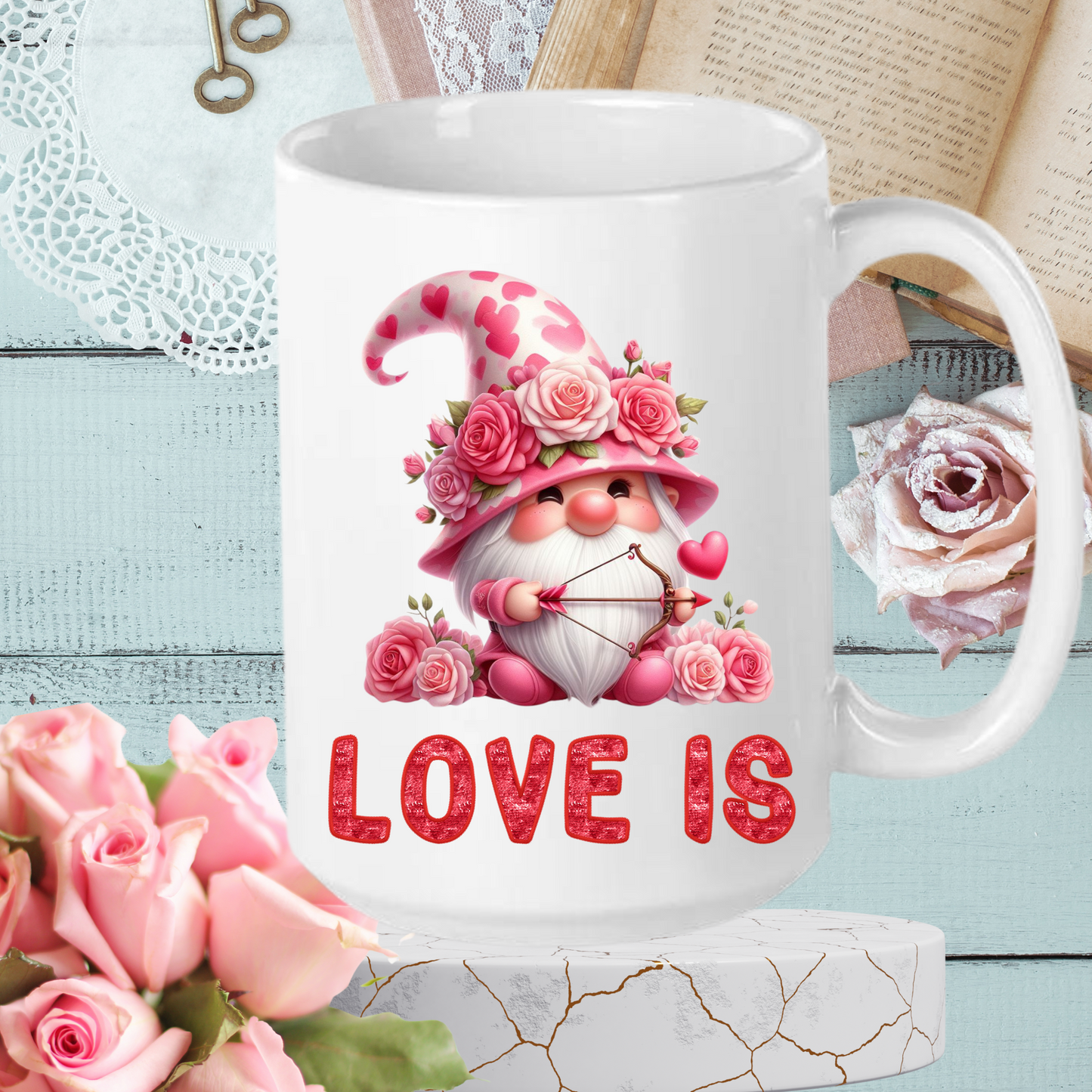 Radiant Romance: “Love Is” Valentine's Day Mugs – Sip Love, Share Joy. Dishwasher and Microwave Safe. 11oz & 15oz Sizes. Double-Sided