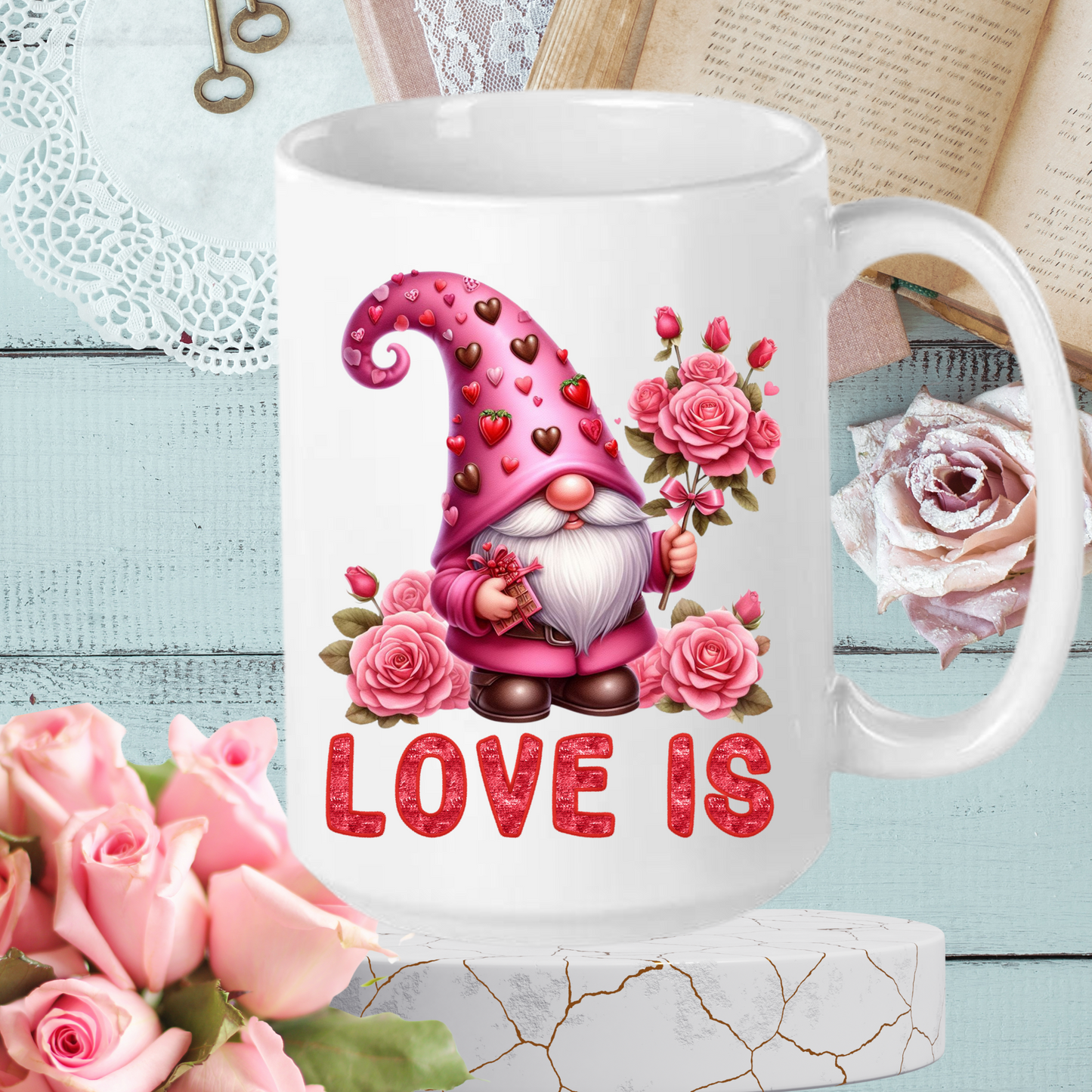 Radiant Romance: 'Love Is' Valentine's Day Mugs – Sip Love, Share Joy. Dishwasher and Microwave Safe. 11oz & 15oz Sizes. Double-Sided Design