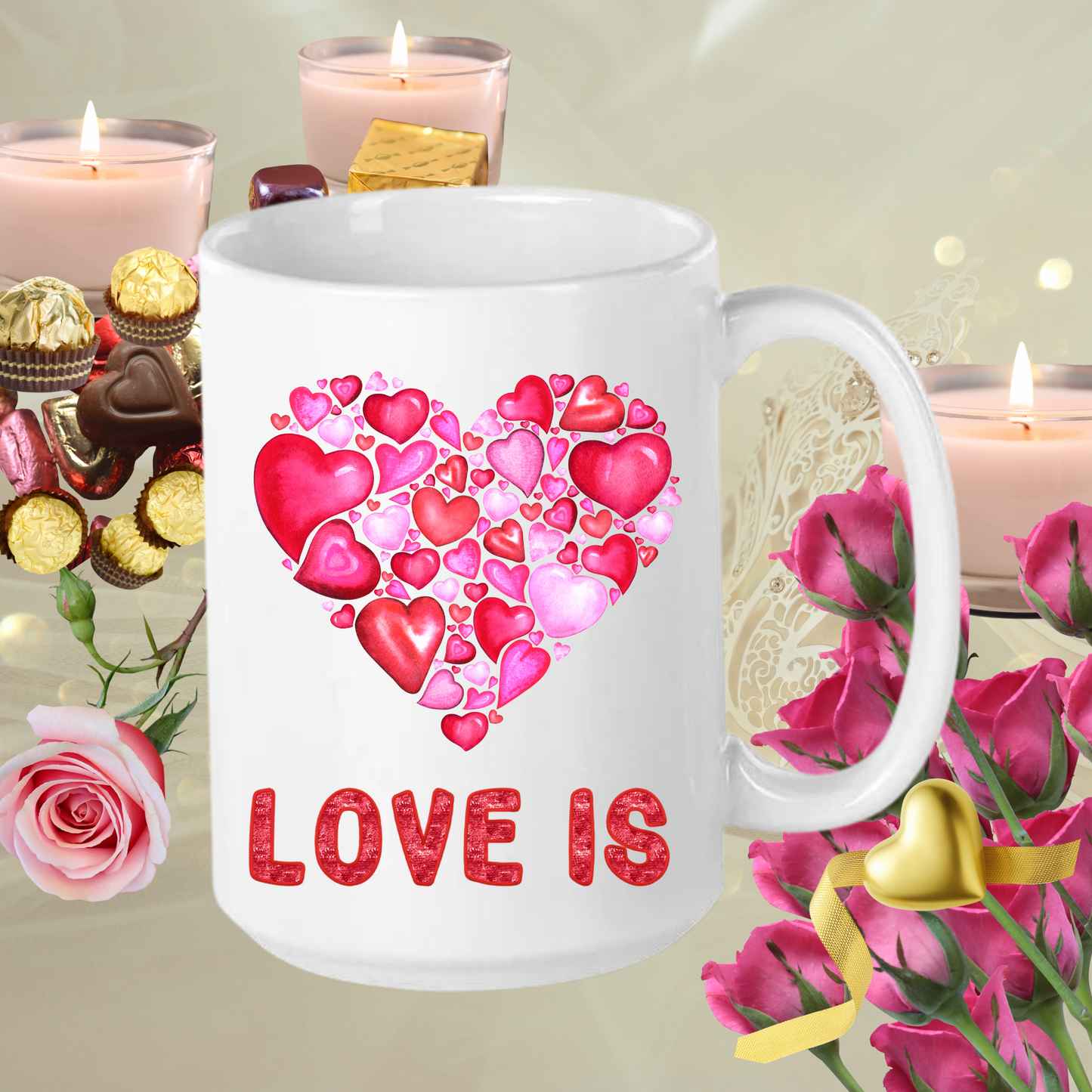 Radiant Romance: "Love Is" Valentine's Day Mugs - Sip Love, Share Joy. Dishwasher and Microwave Safe. 11oz & 15oz Sizes. Double-Sided Design