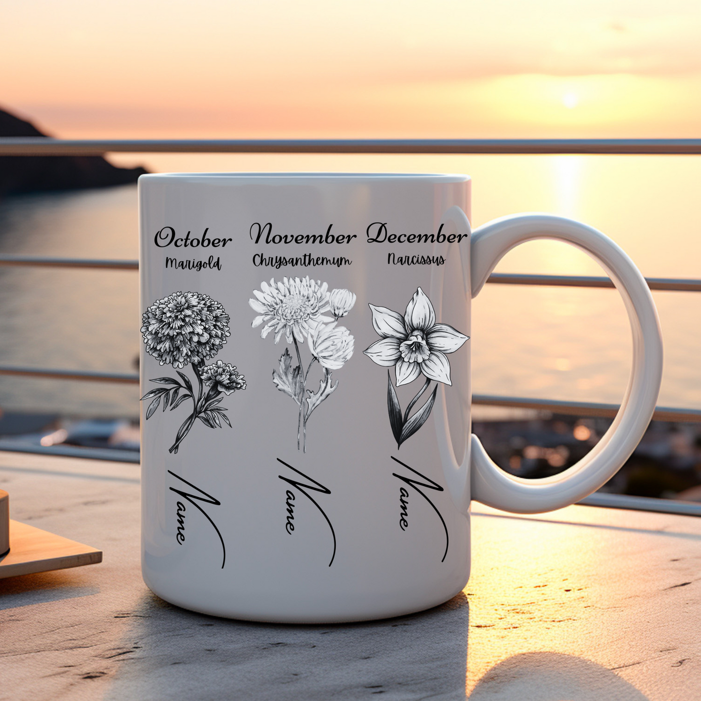 Embrace elegance with our Personalized Birth Flower Ceramic Mug, adorned with your birth flower and name - Elevate your sipping experience!