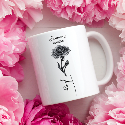 Embrace elegance with our Personalized Birth Flower Ceramic Mug, adorned with your birth flower and name - Elevate your sipping experience!