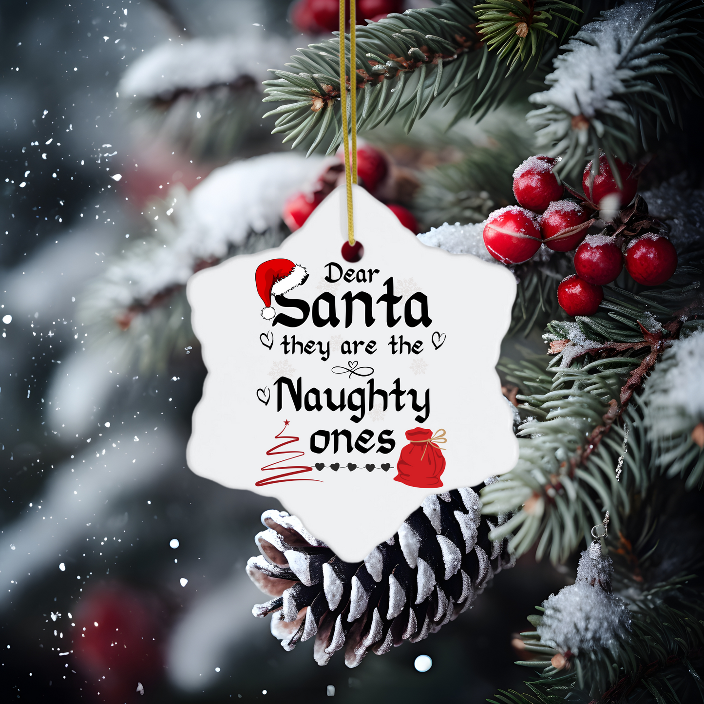 Exquisite Christmas Porcelain Ornaments with “Dear Santa, they are the naughty ones”; a stunning addition to your holiday decor.