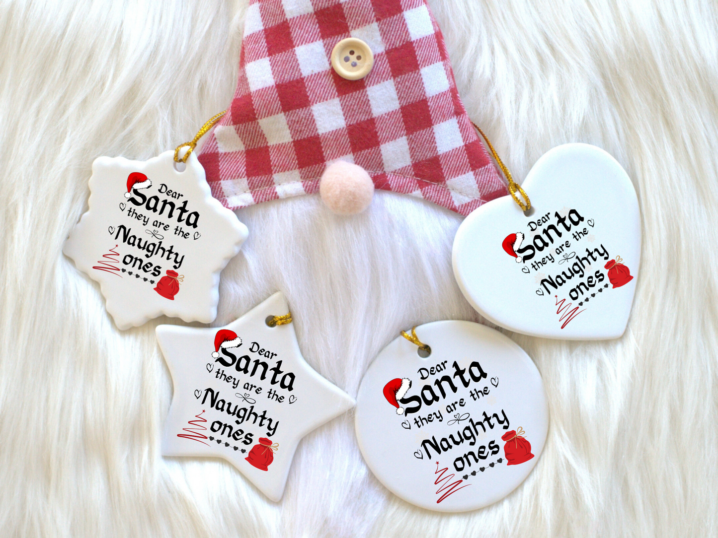 Exquisite Christmas Porcelain Ornaments with “Dear Santa, they are the naughty ones”; a stunning addition to your holiday decor.