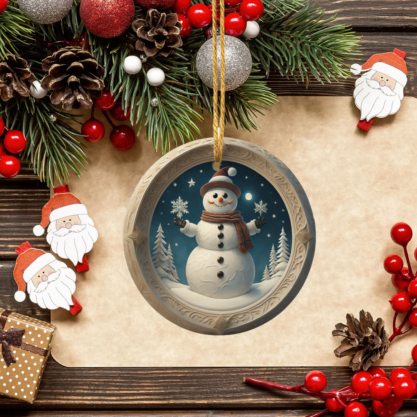 Radiant 3D Image Porcelain Christmas Snowman Ornament:  Elegance in Every Detail for Your Holiday Joy!