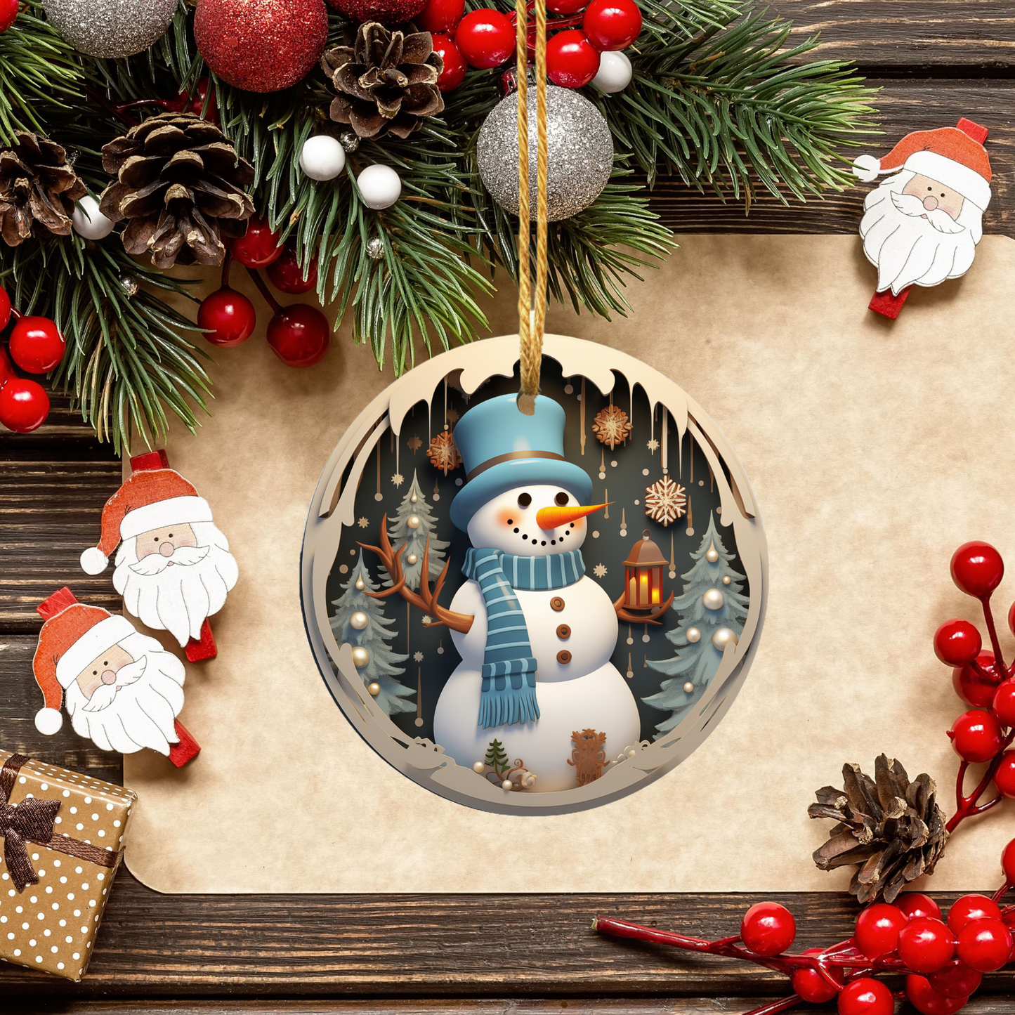 Radiant 3D Image Porcelain Christmas Snowman Ornament:  Elegance in Every Detail for Your Holiday Joy!