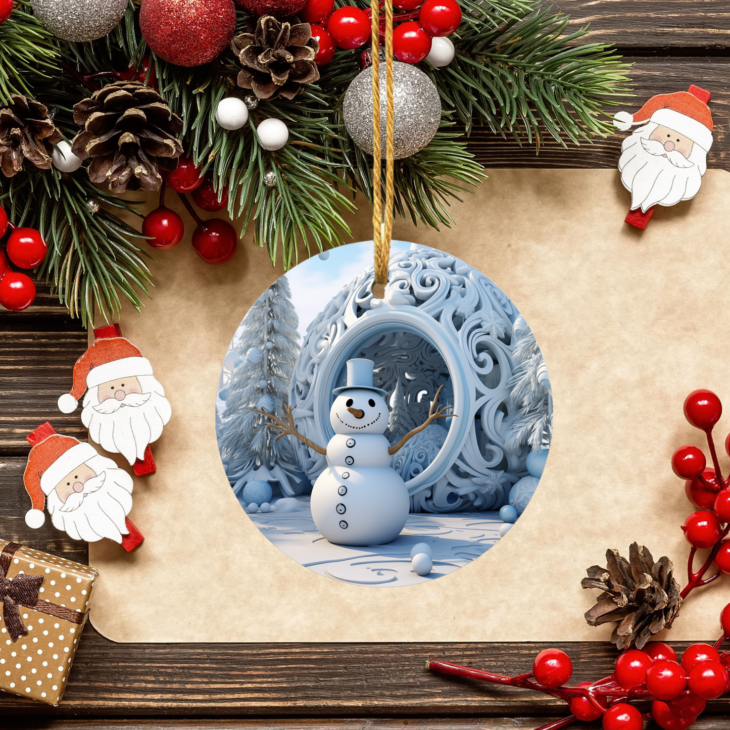 Radiant 3D Image Porcelain Christmas Snowman Ornament:  Elegance in Every Detail for Your Holiday Joy!