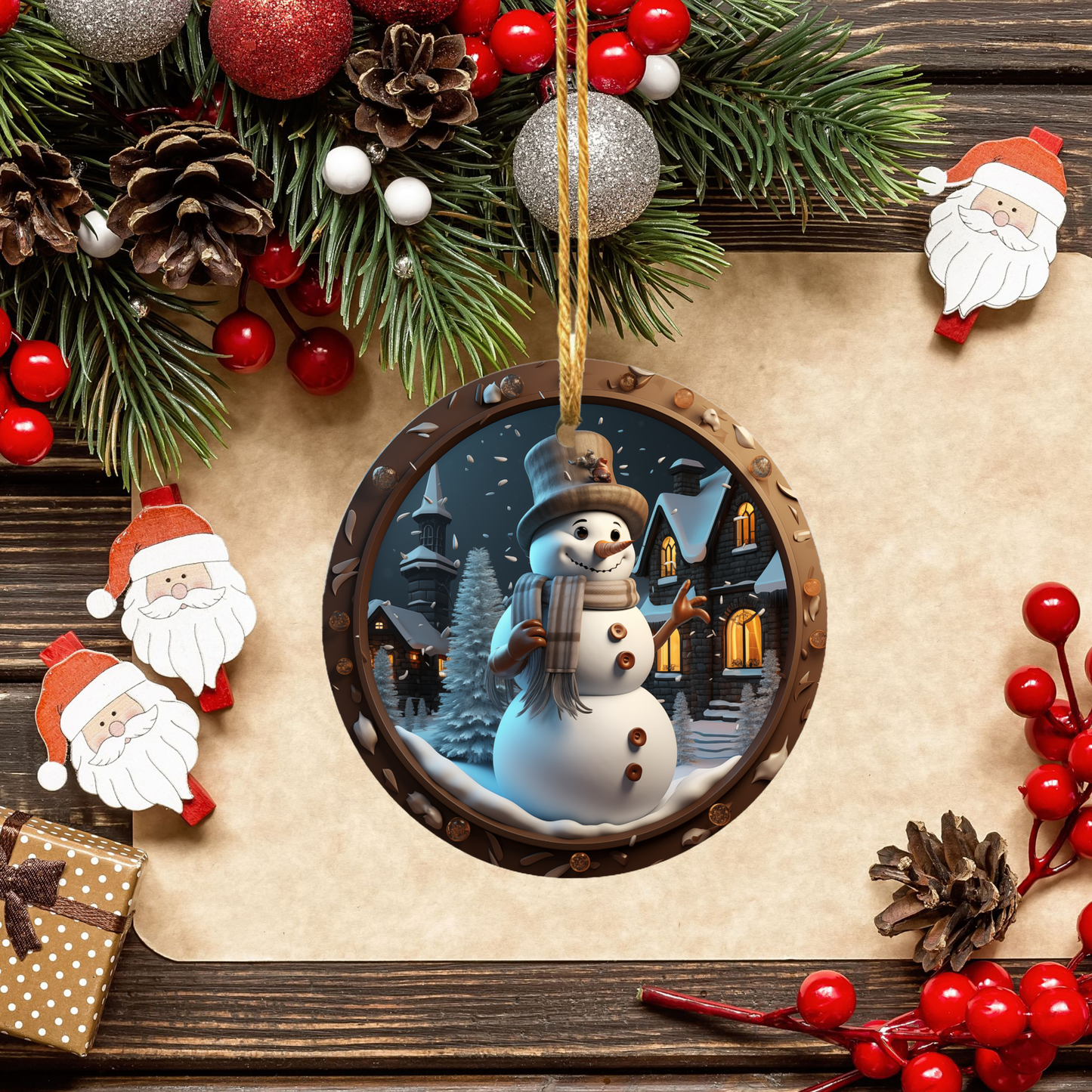 Radiant 3D Image Porcelain Christmas Snowman Ornament:  Elegance in Every Detail for Your Holiday Joy!