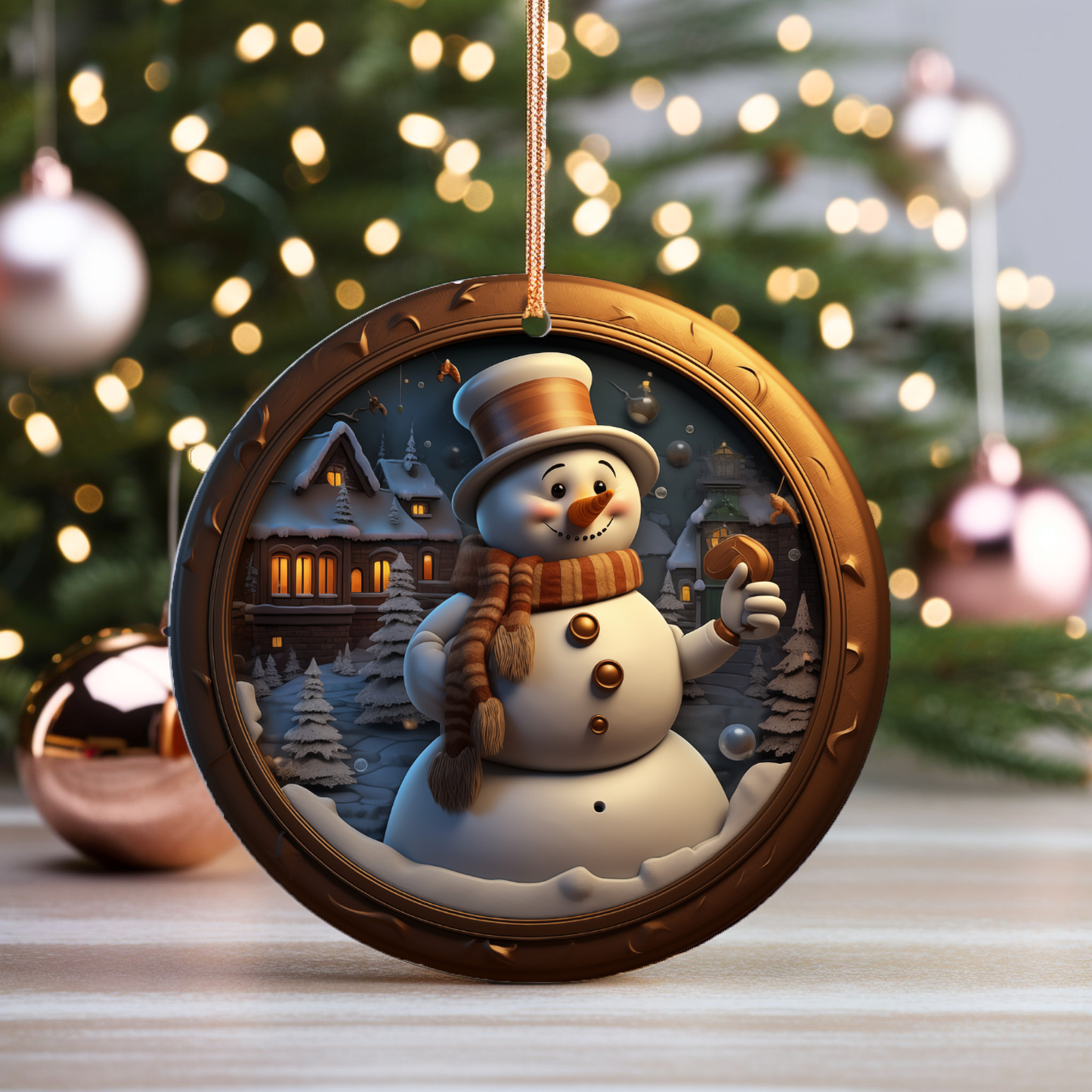 Radiant 3D Image Porcelain Christmas Snowman Ornament:  Elegance in Every Detail for Your Holiday Joy!