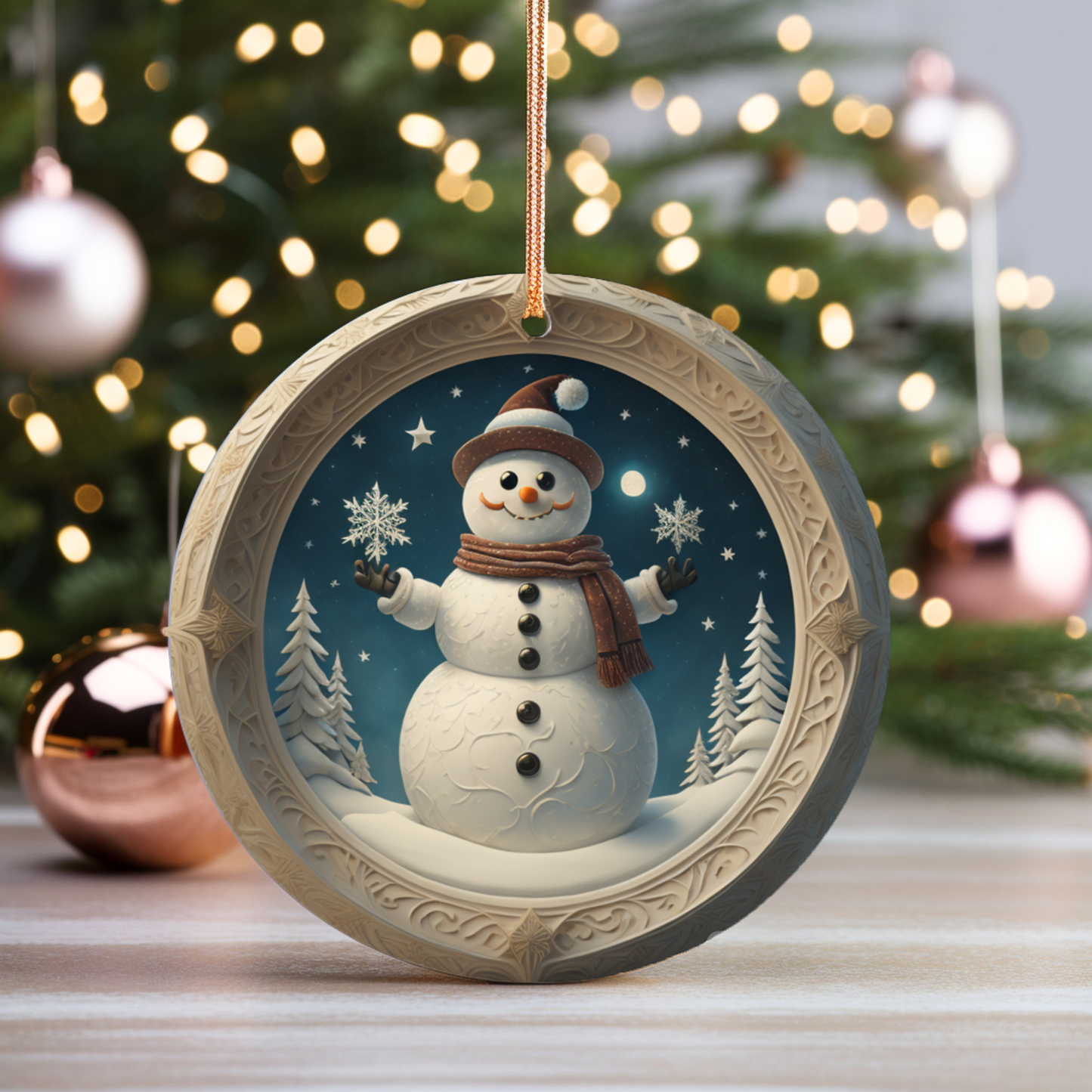 Radiant 3D Image Porcelain Christmas Snowman Ornament:  Elegance in Every Detail for Your Holiday Joy!