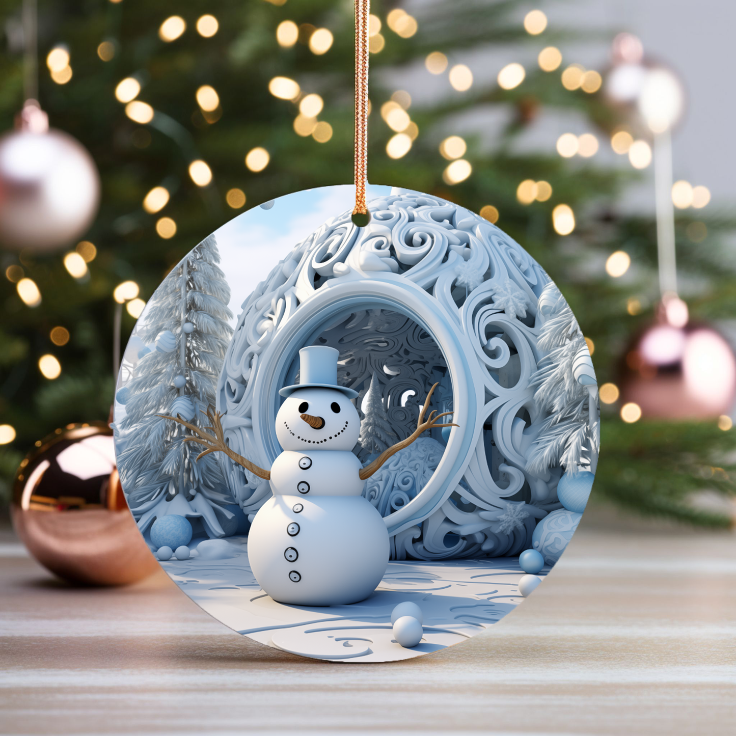 Radiant 3D Image Porcelain Christmas Snowman Ornament:  Elegance in Every Detail for Your Holiday Joy!