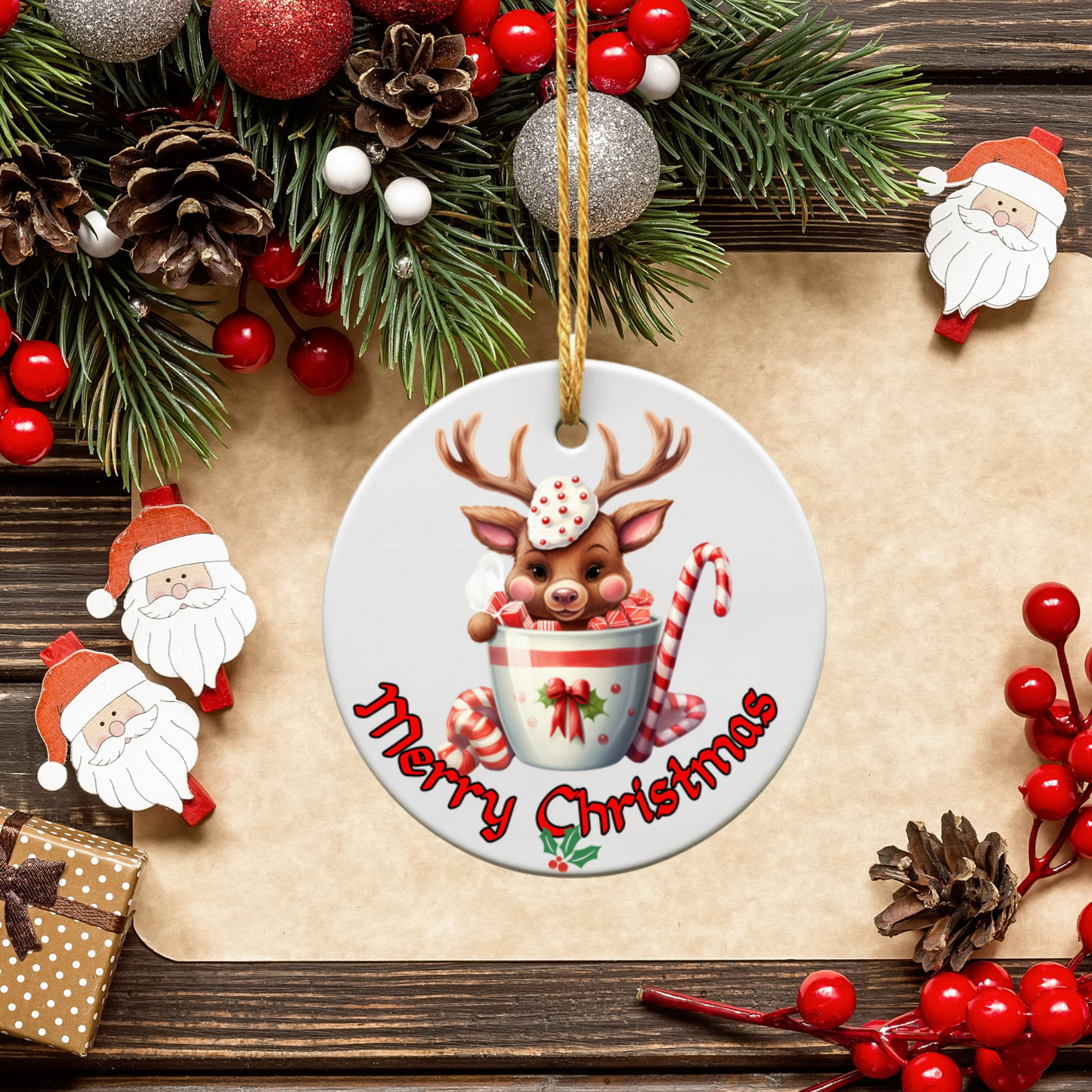 Radiant 3D Porcelain Christmas Reindeer Ornament:  Elegance in Every Detail for Your Holiday Joy!