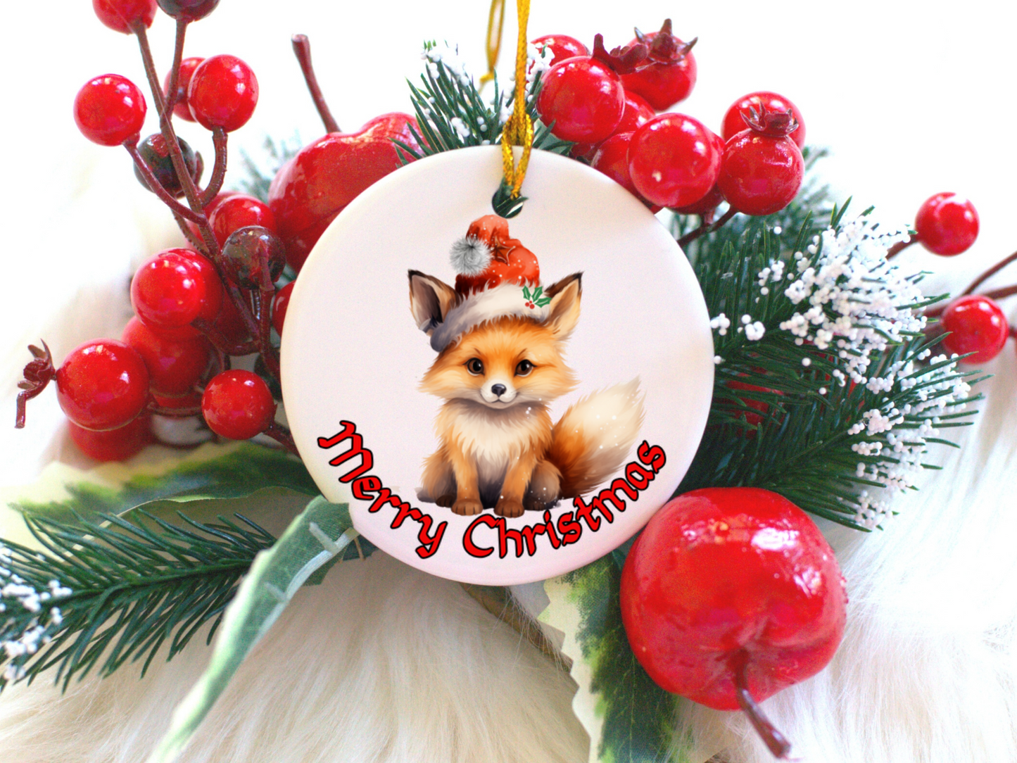 Radiant 3D Porcelain Christmas Fox Ornament:  Elegance in Every Detail for Your Holiday Joy!