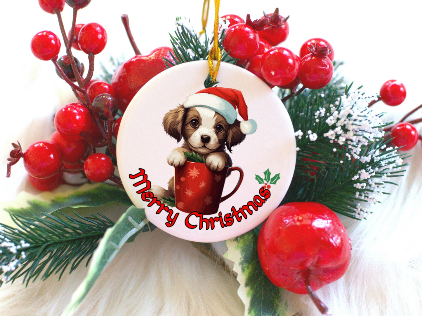 Radiant 3D Porcelain Christmas Puppy Ornament:  Elegance in Every Detail for Your Holiday Joy!