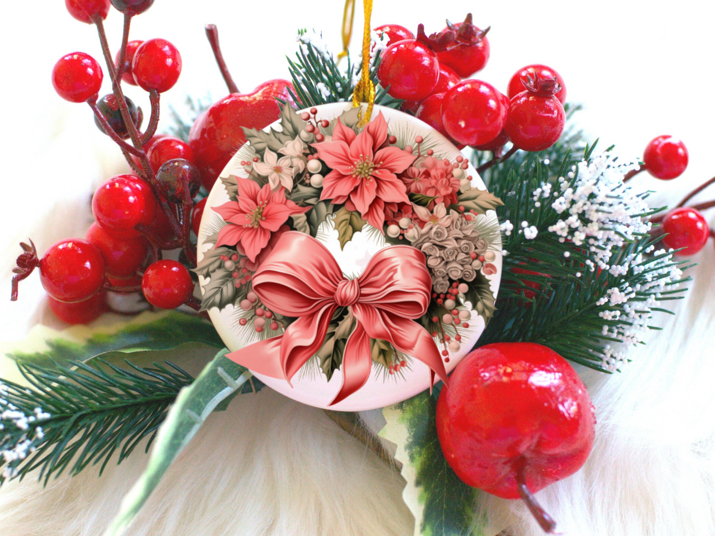 Radiant 3D Porcelain Christmas Wreath Ornament:  Elegance in Every Detail for Your Holiday Joy!