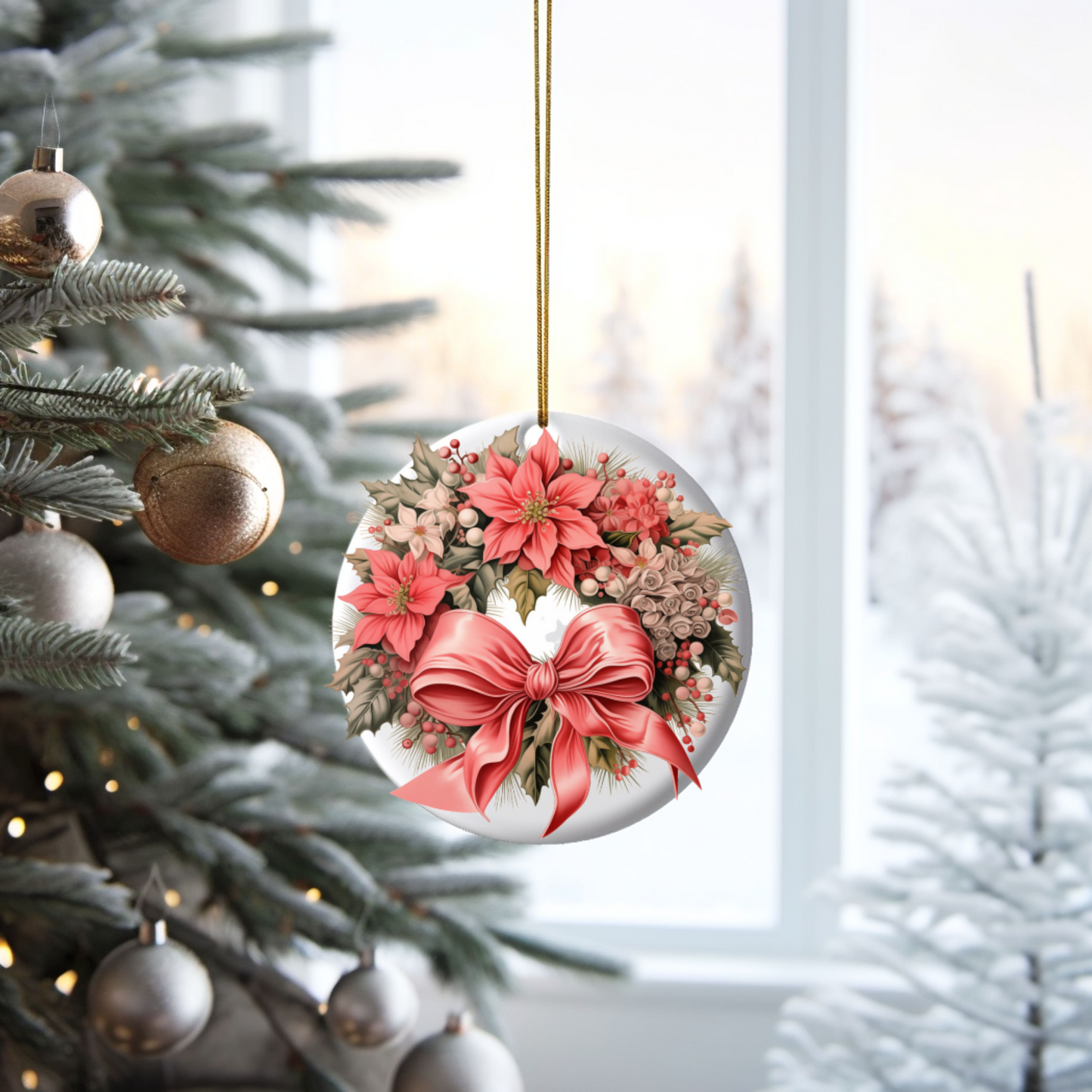 Radiant 3D Porcelain Christmas Wreath Ornament:  Elegance in Every Detail for Your Holiday Joy!