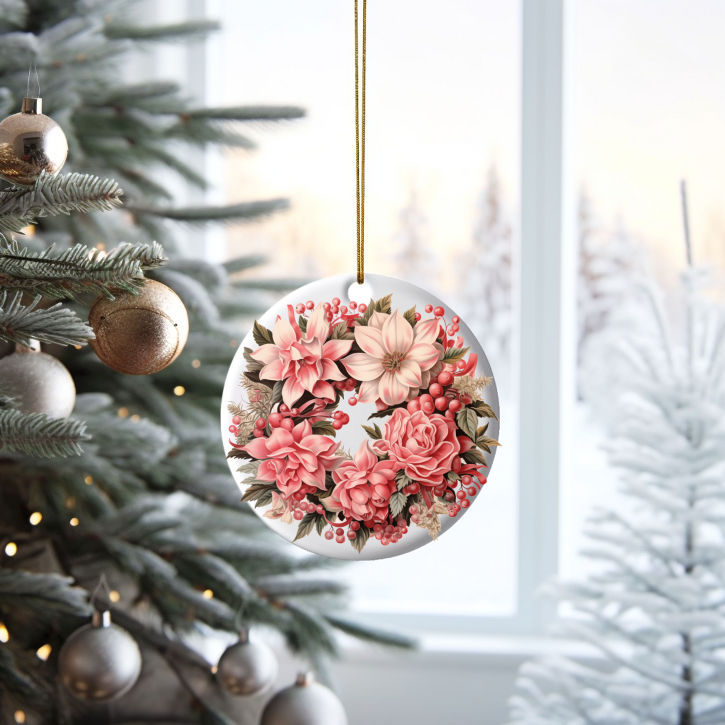 Radiant 3D Porcelain Christmas Wreath Ornament:  Elegance in Every Detail for Your Holiday Joy!