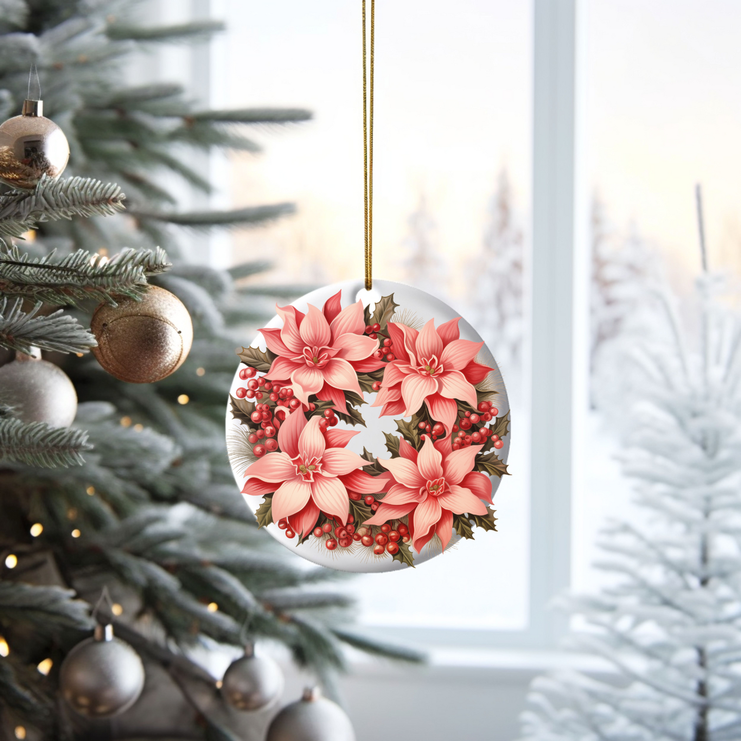 Radiant 3D Porcelain Christmas Wreath Ornament:  Elegance in Every Detail for Your Holiday Joy!