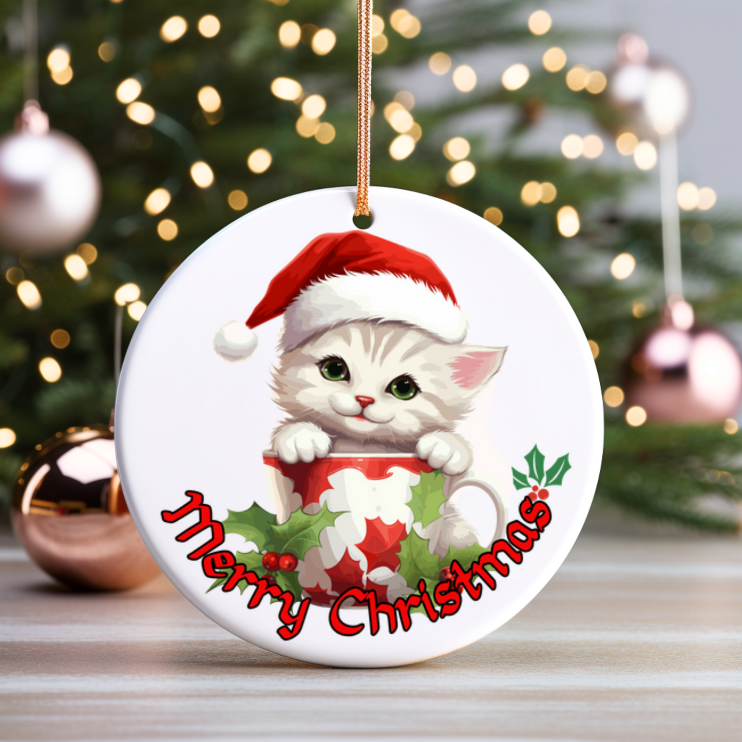 Radiant 3D Porcelain Christmas Kitten Ornament:  Elegance in Every Detail for Your Holiday Joy!