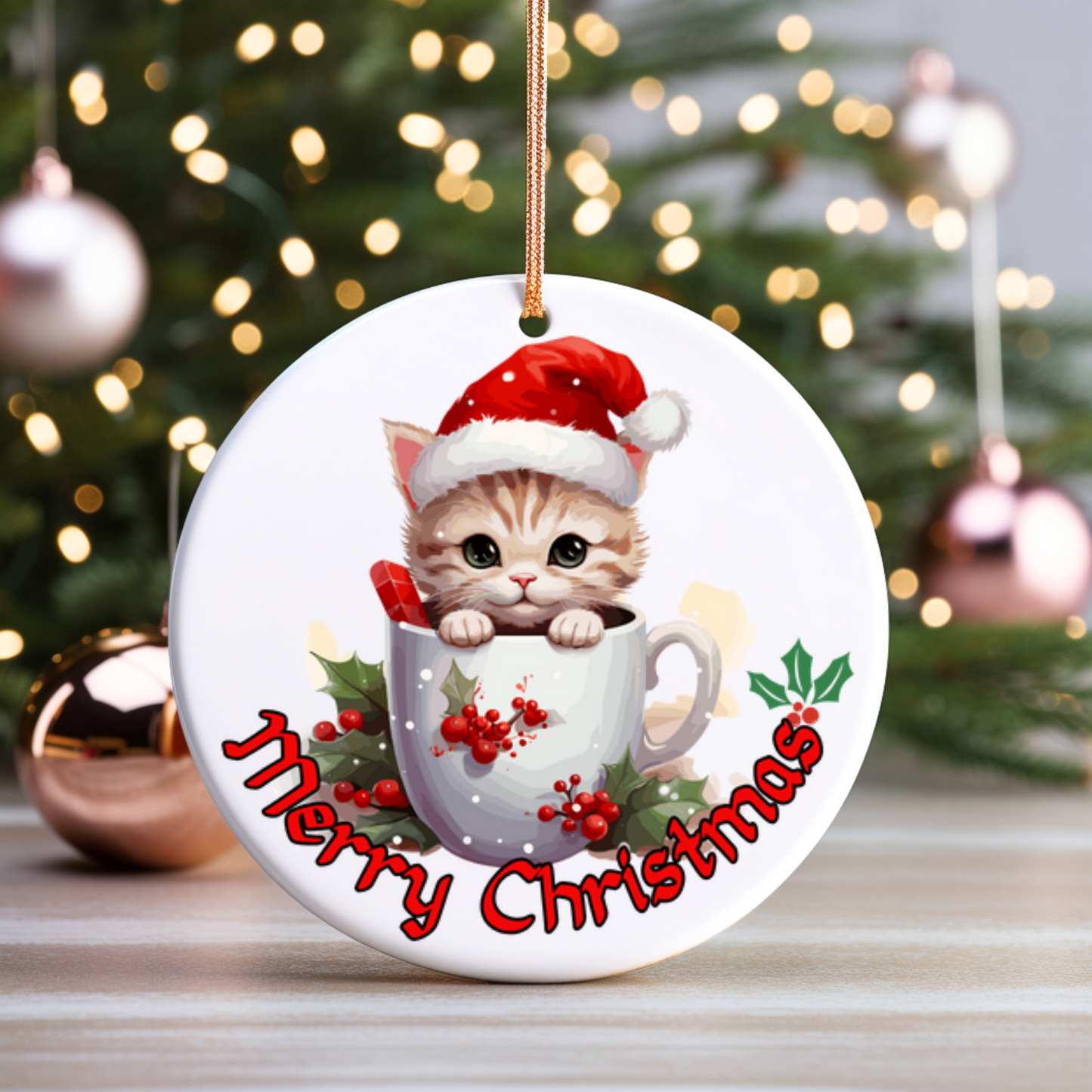 Radiant 3D Porcelain Christmas Kitten Ornament:  Elegance in Every Detail for Your Holiday Joy!