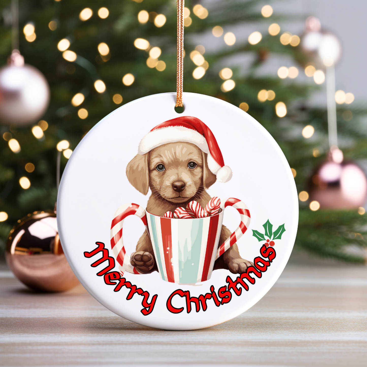 Radiant 3D Porcelain Christmas Puppy Ornament:  Elegance in Every Detail for Your Holiday Joy!