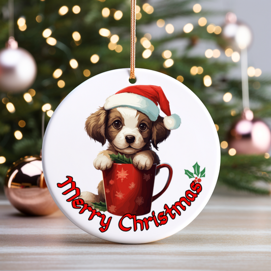 Radiant 3D Porcelain Christmas Puppy Ornament:  Elegance in Every Detail for Your Holiday Joy!