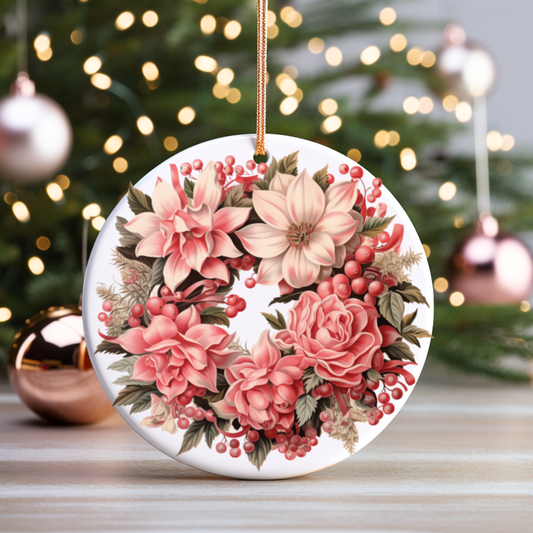 Radiant 3D Porcelain Christmas Wreath Ornament:  Elegance in Every Detail for Your Holiday Joy!