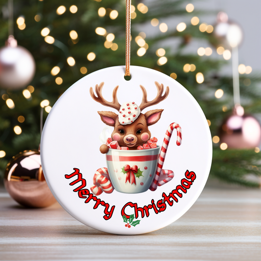 Radiant 3D Porcelain Christmas Reindeer Ornament:  Elegance in Every Detail for Your Holiday Joy!