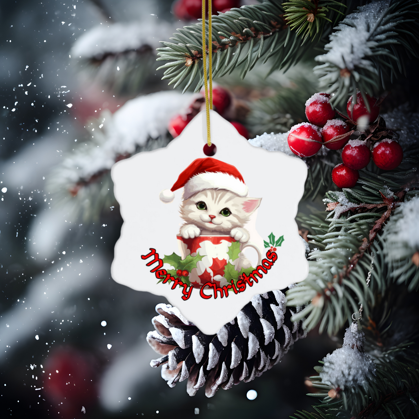 Radiant 3D Porcelain Christmas Kitten Ornament:  Elegance in Every Detail for Your Holiday Joy!