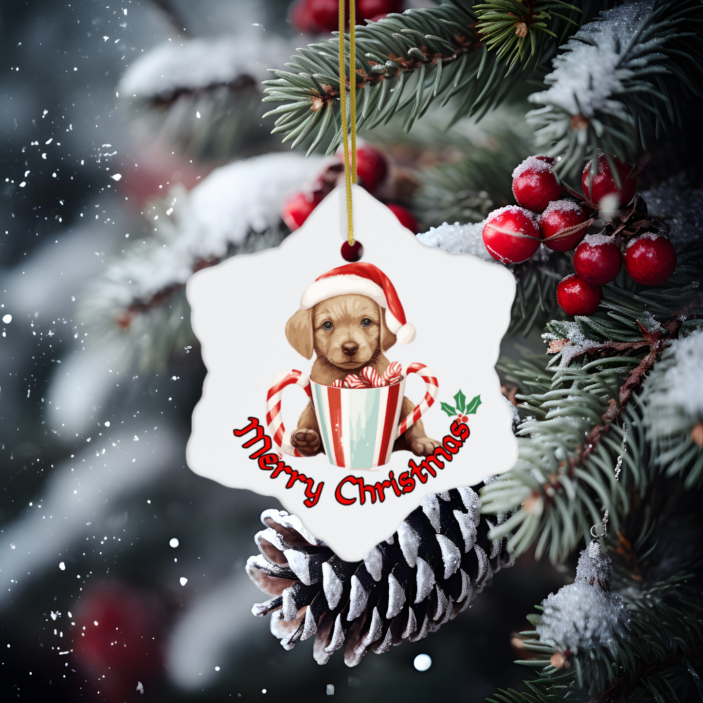 Radiant 3D Porcelain Christmas Puppy Ornament:  Elegance in Every Detail for Your Holiday Joy!